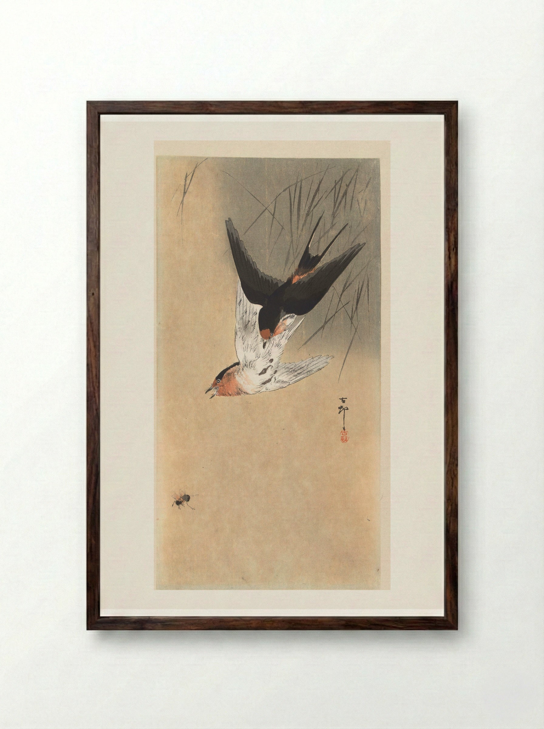 Two Barn Swallows in a Dive - Matsuki Heikichi - Framed Print Dark Wood