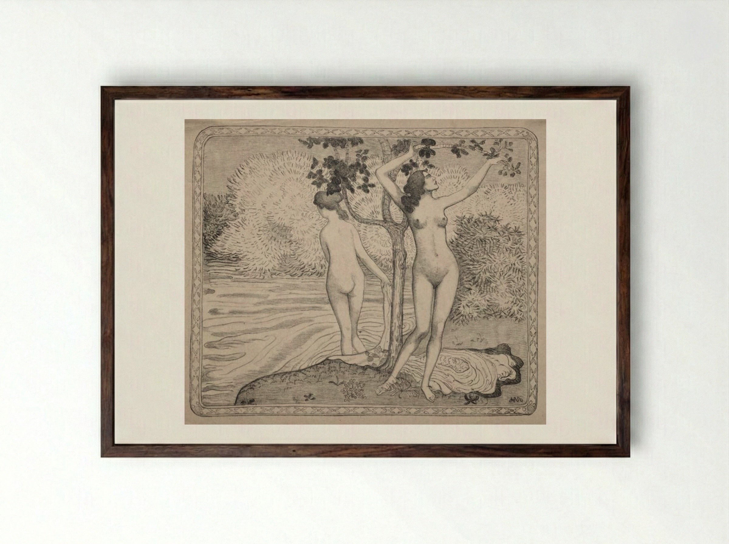 Two Bathers under a Tree at the Water's Edge - Aristide Maillol - Framed Print Dark Wood