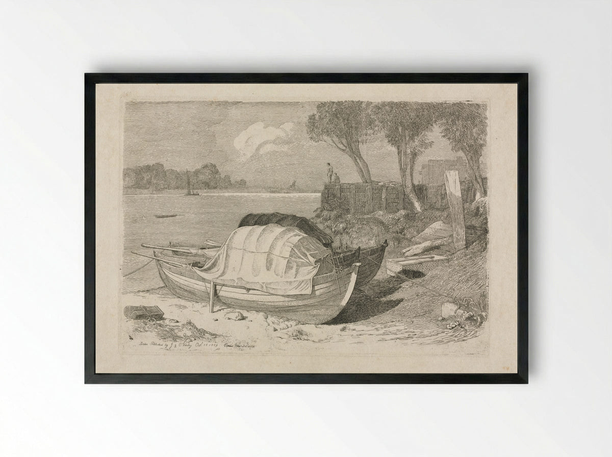 Two Beached Fishing Boats - Cornelius Varley - Framed Print Black