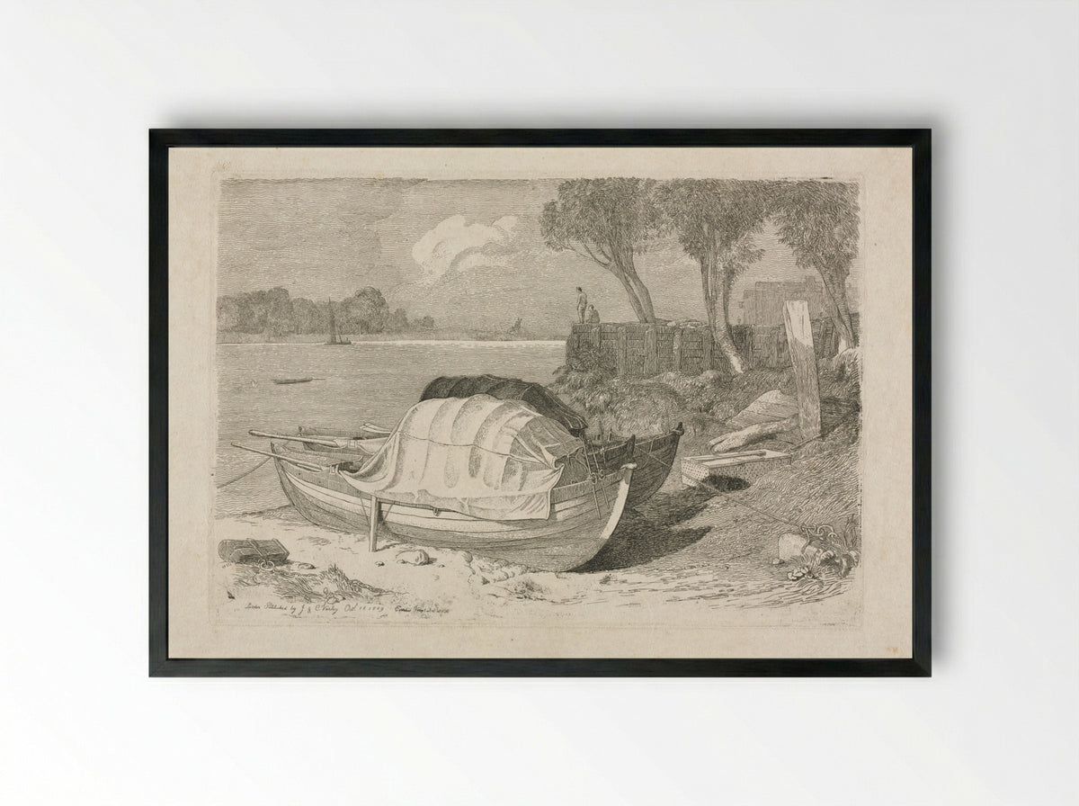 Two Beached Fishing Boats - Cornelius Varley - Framed Print Black