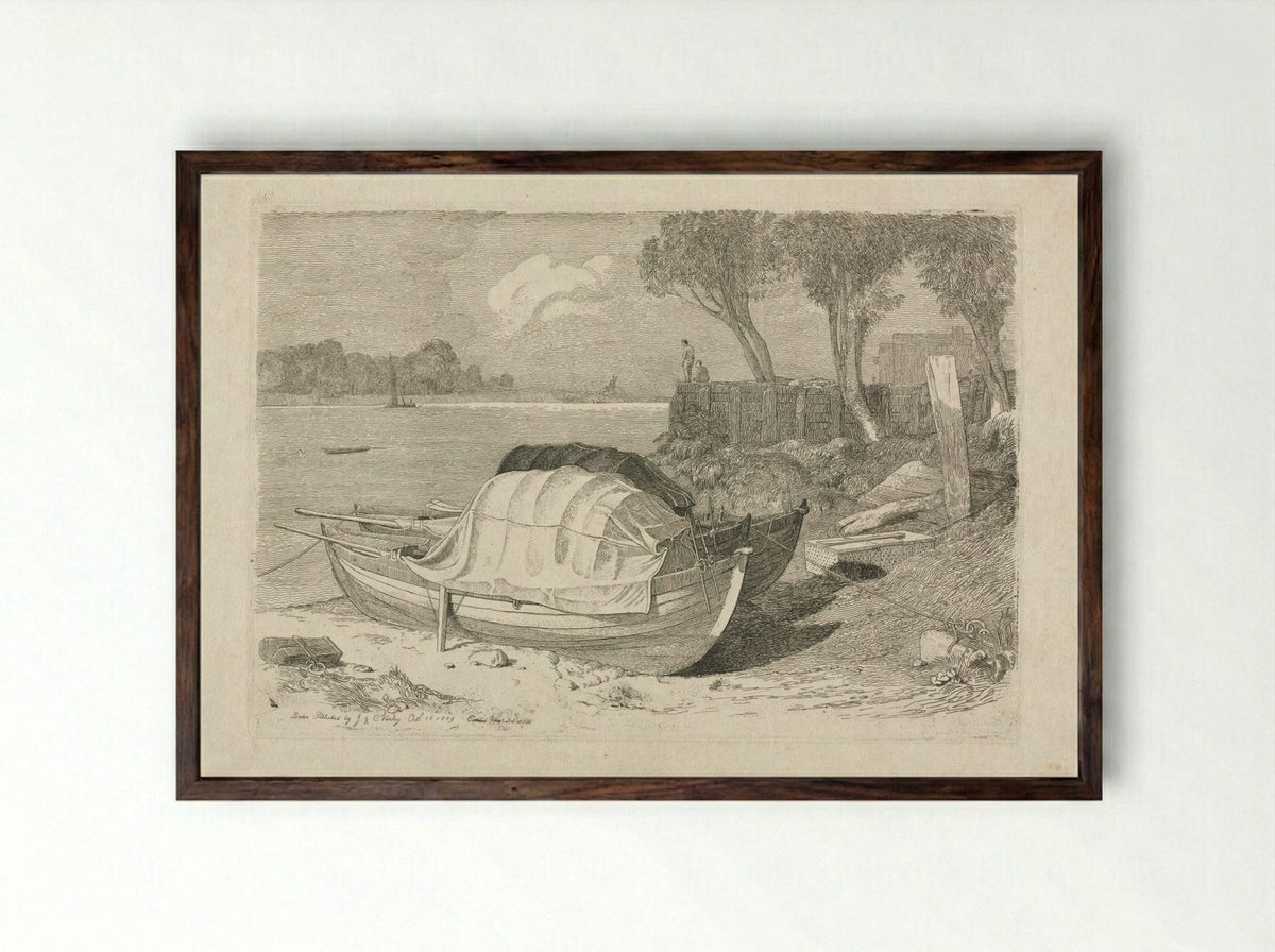 Two Beached Fishing Boats - Cornelius Varley - Framed Print Dark Wood