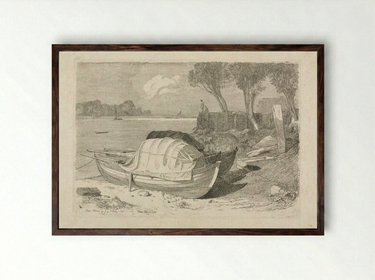 Two Beached Fishing Boats - Cornelius Varley - Framed Print Dark Wood