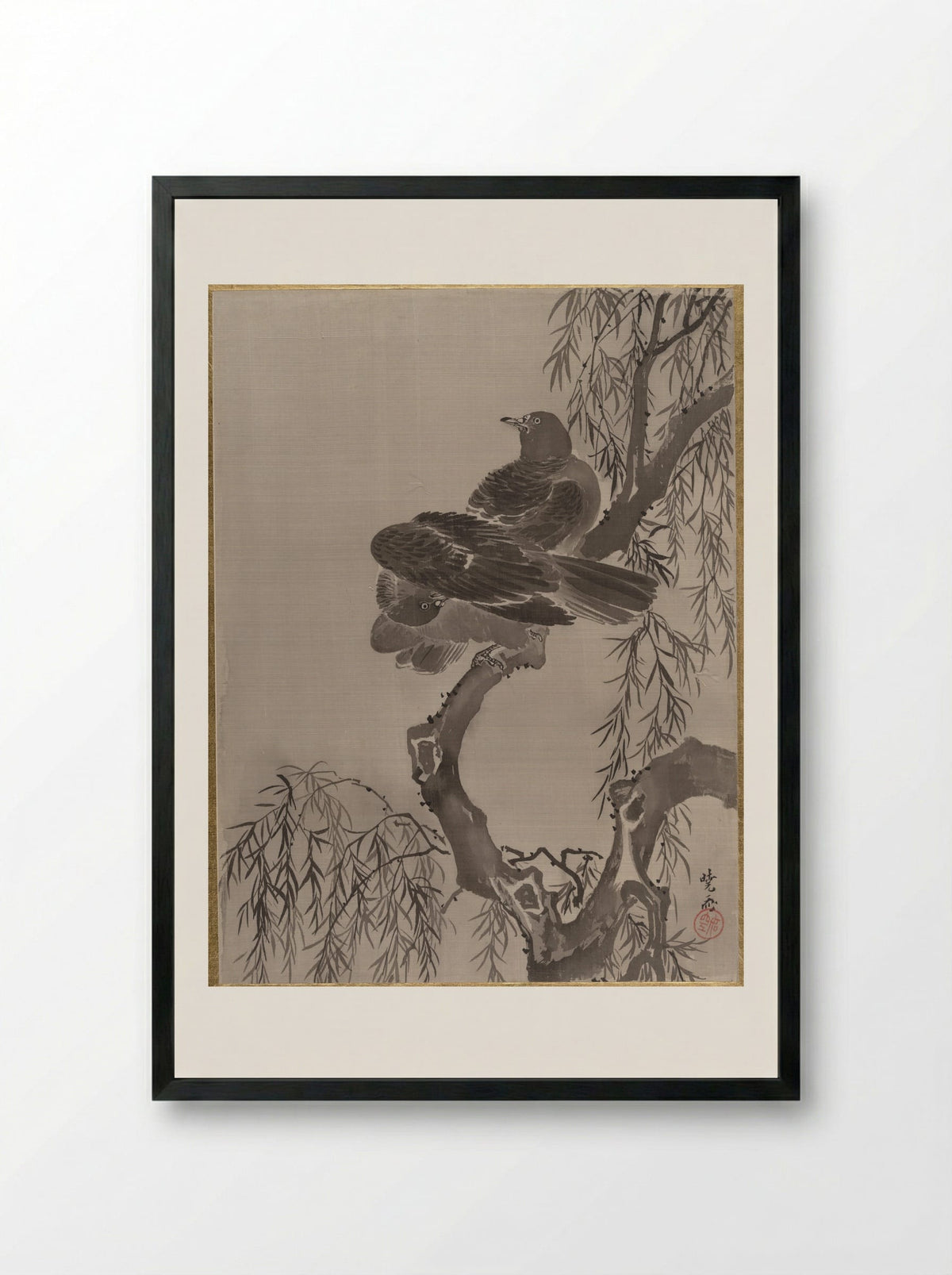 Two Birds on a Branch - Kawanabe Kyōsai - Framed Print Black