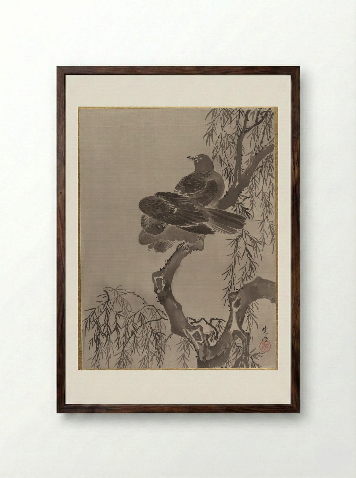 Two Birds on a Branch - Kawanabe Kyōsai - Framed Print Dark Wood