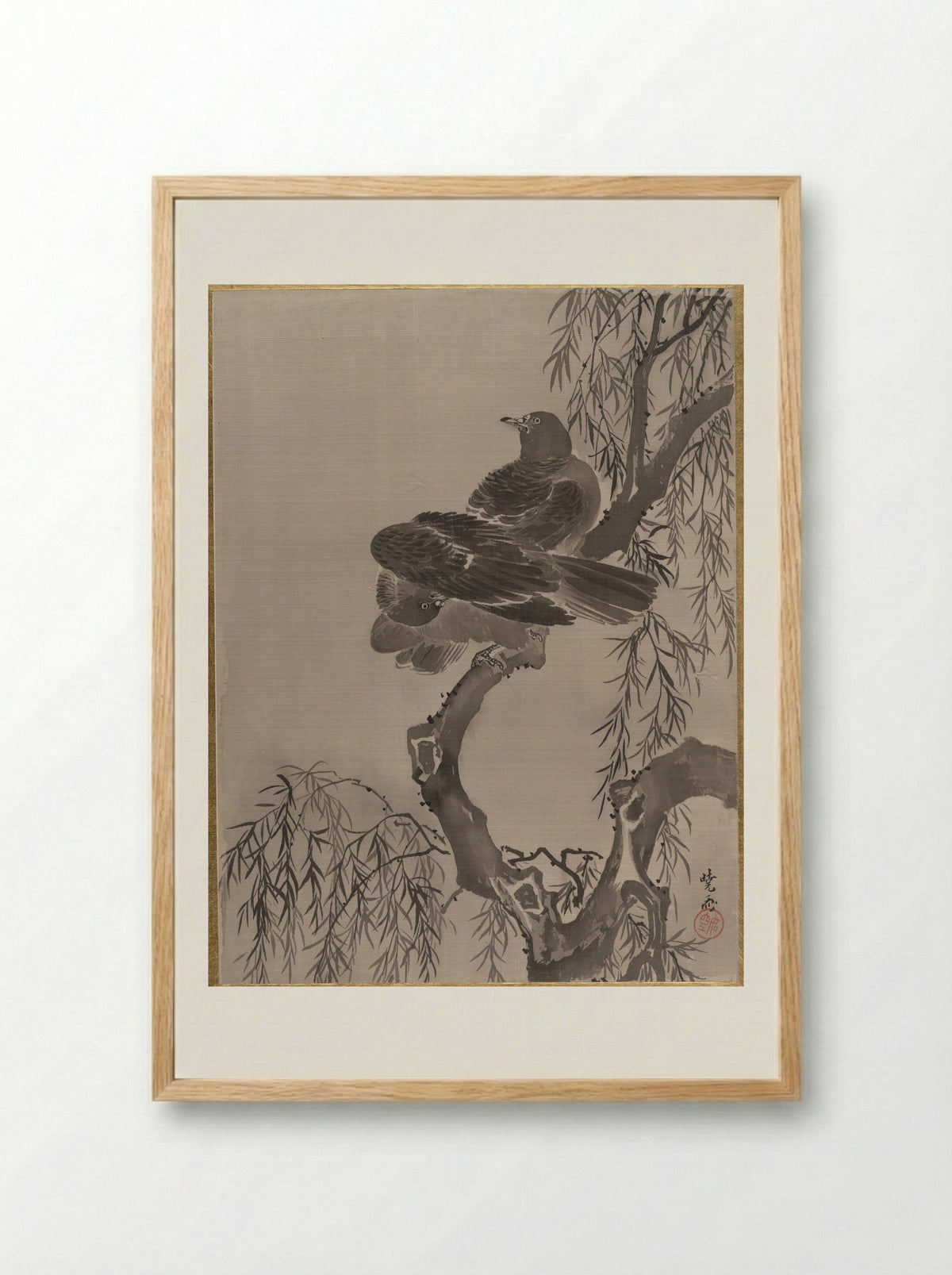 Two Birds on a Branch - Kawanabe Kyōsai - Framed Print Wood