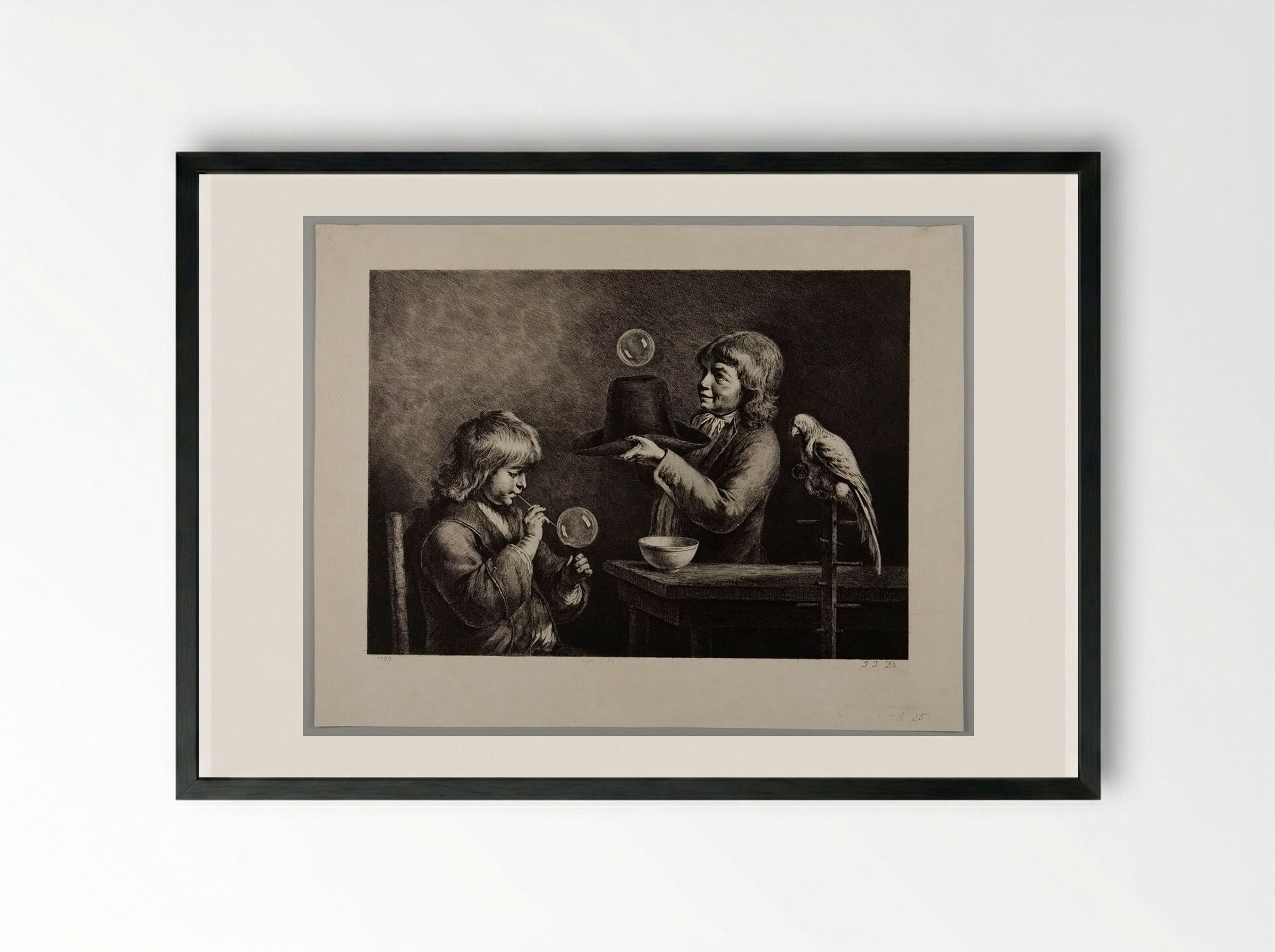 Two Boys Blowing Soap-Bubbles - Jean-Jacques de Boissieu - Framed Print Black