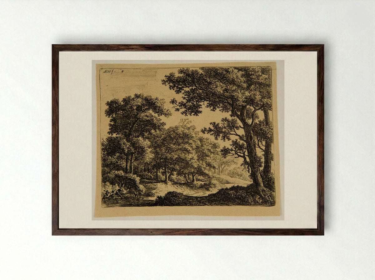 Two Boys and their Dog at the Border of the Water - Anthonie Waterloo - Framed Print Dark Wood