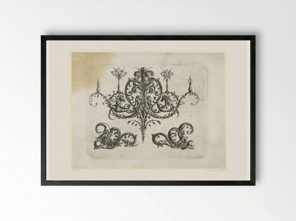 Two Burning Candles on Foliate Scrolls - Christoph Jamnitzer - Framed Print Black