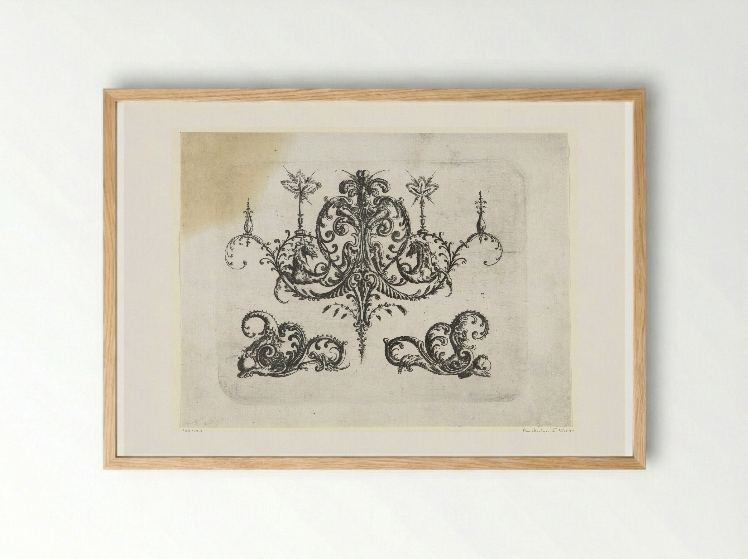 Two Burning Candles on Foliate Scrolls - Christoph Jamnitzer - Framed Print Wood