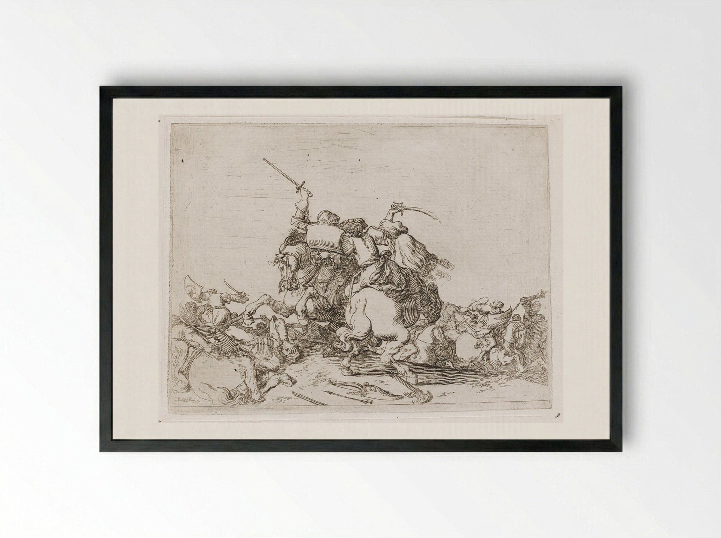 Two Cavalrymen Battling Each Other with Sword and Saber - Johann Wilhelm Baur - Framed Print Black