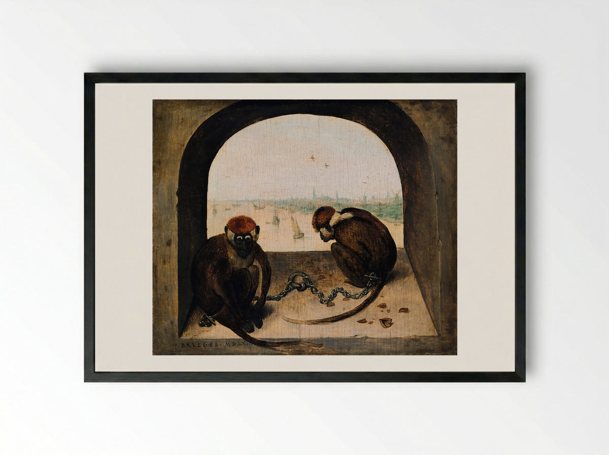 Two Chained Monkeys - Pieter Bruegel the Elder - Framed Print Black