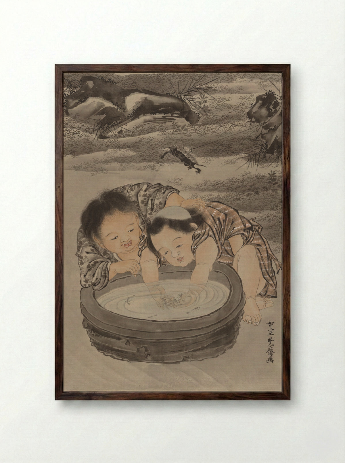 Two Children Playing with Goldfish - Kawanabe Kyōsai - Framed Print Dark Wood