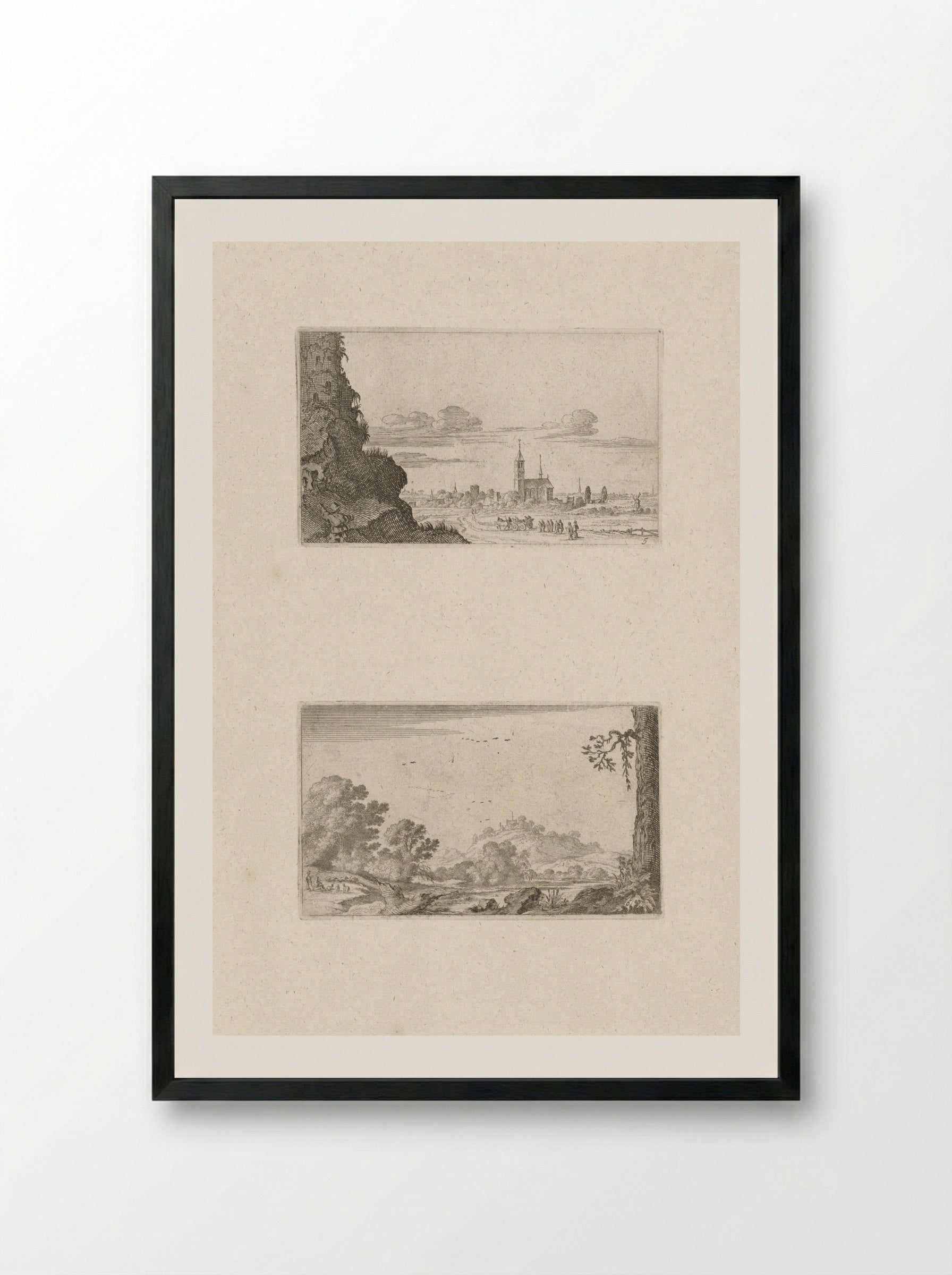 Two Climbers on a Ruin and a River View - Gillis van Scheyndel (I) - Framed Print Black