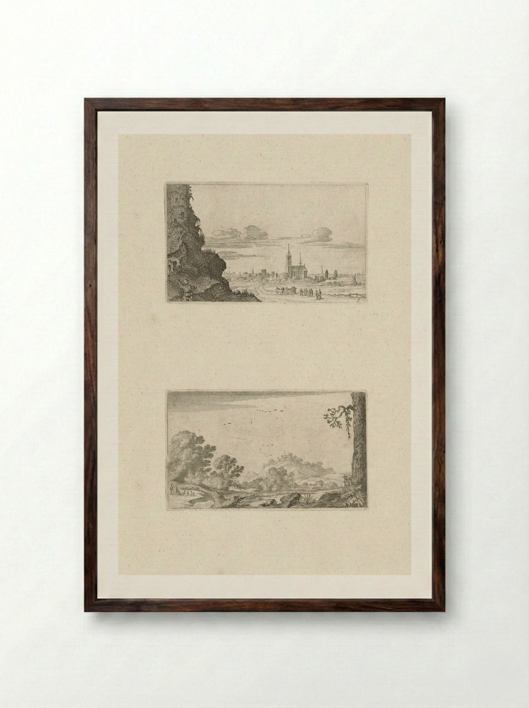 Two Climbers on a Ruin and a River View - Gillis van Scheyndel (I) - Framed Print Dark Wood