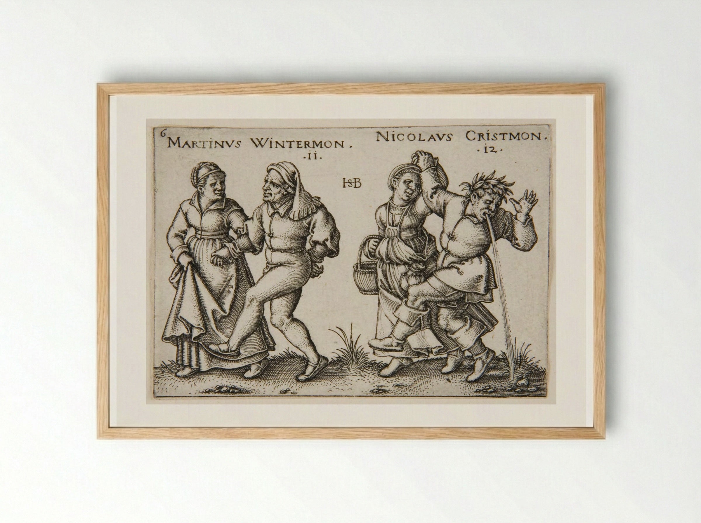 Two Couple Walking, One Man Regurgitating - Sebald Beham - Framed Print Wood