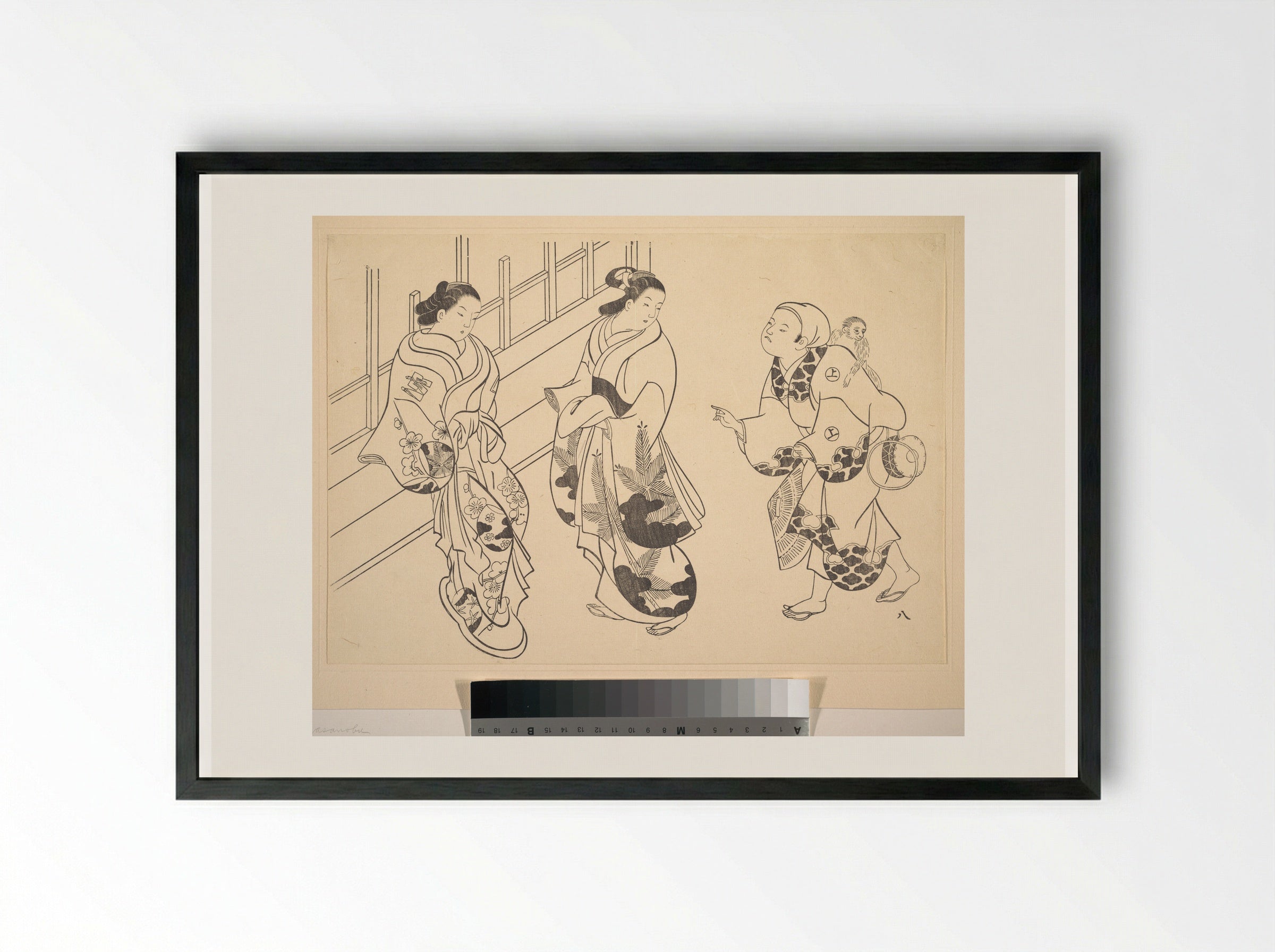 Two Courtesans and a Monkey Trainer - Okumura Masanobu - Framed Print Black