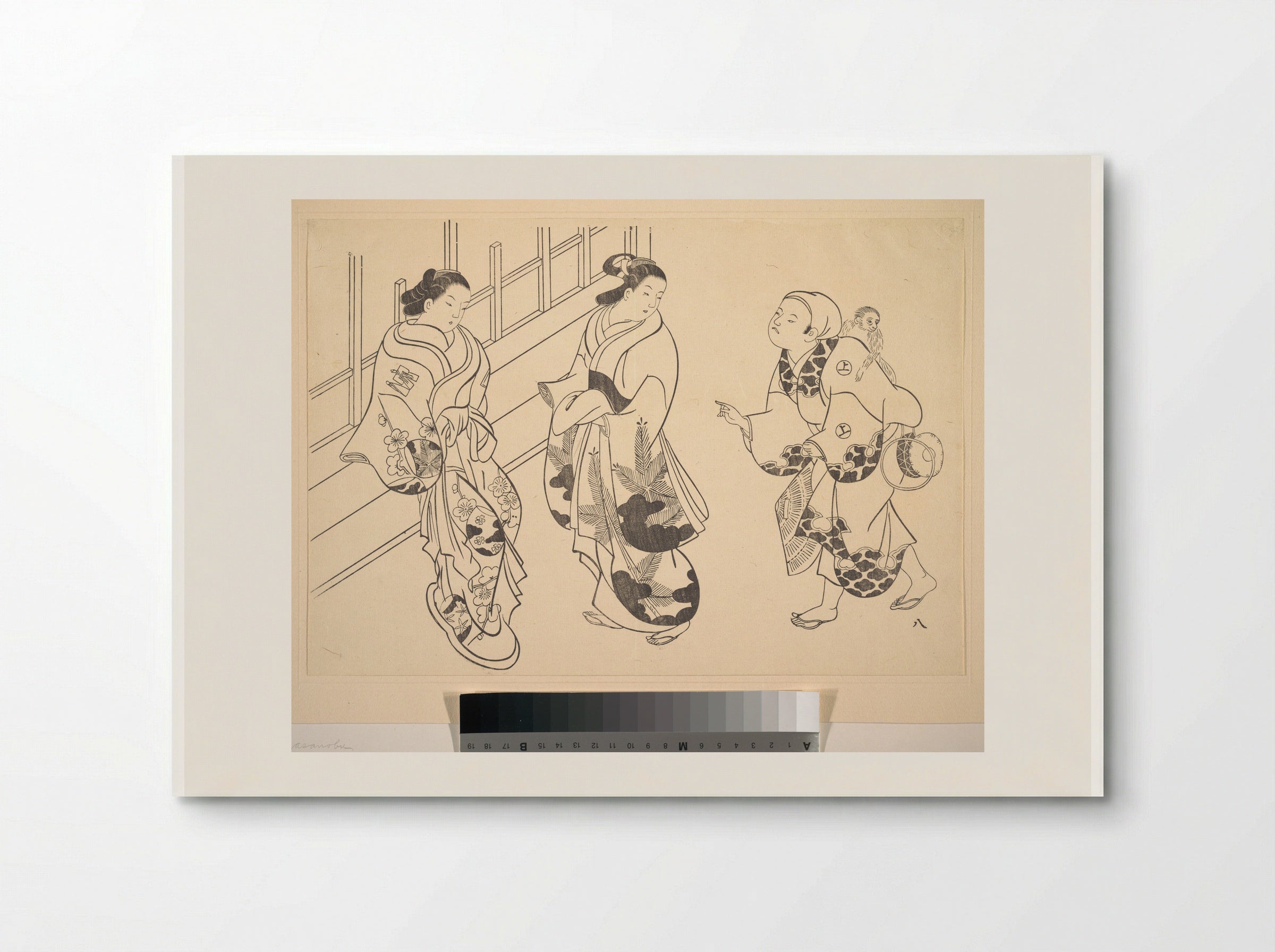 Two Courtesans and a Monkey Trainer - Okumura Masanobu - Poster