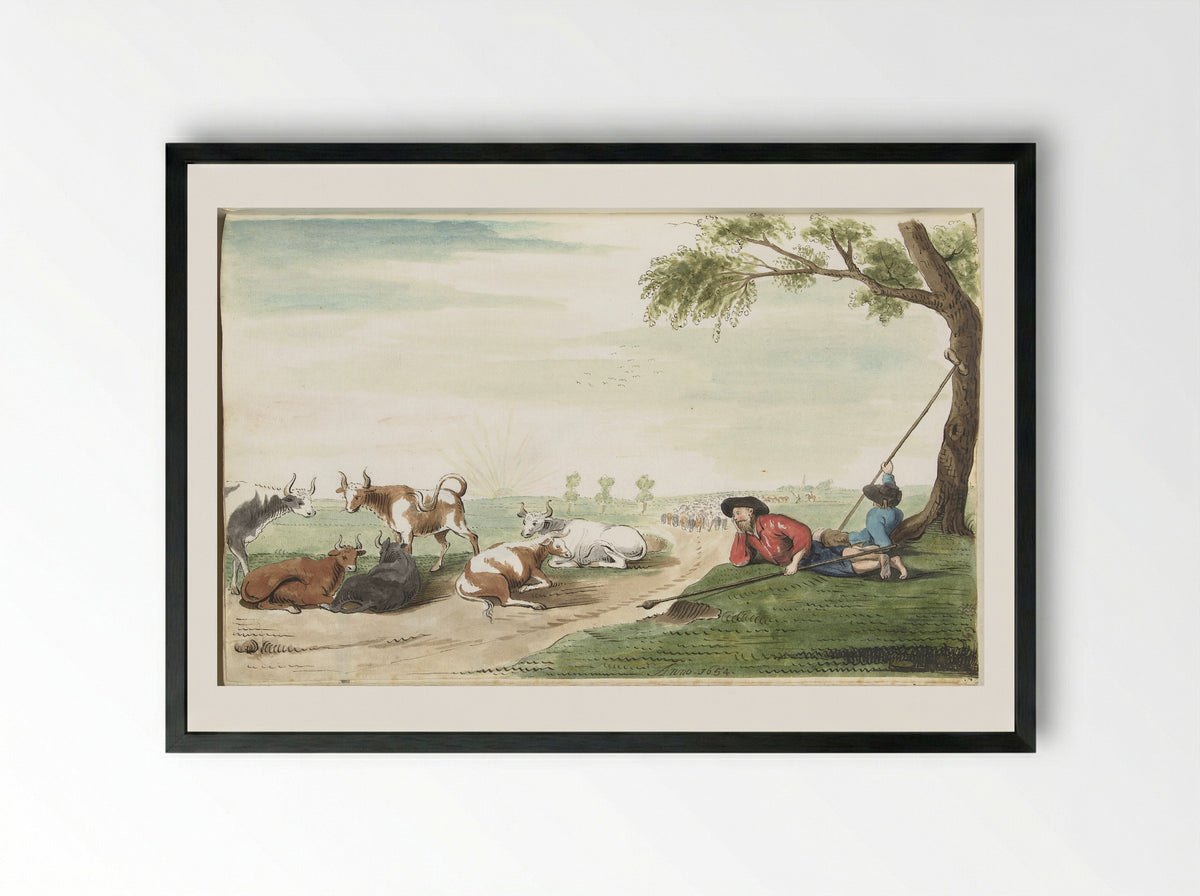Two Cowherds at Sunrise or Sunset - Gesina ter Borch - Framed Print Black