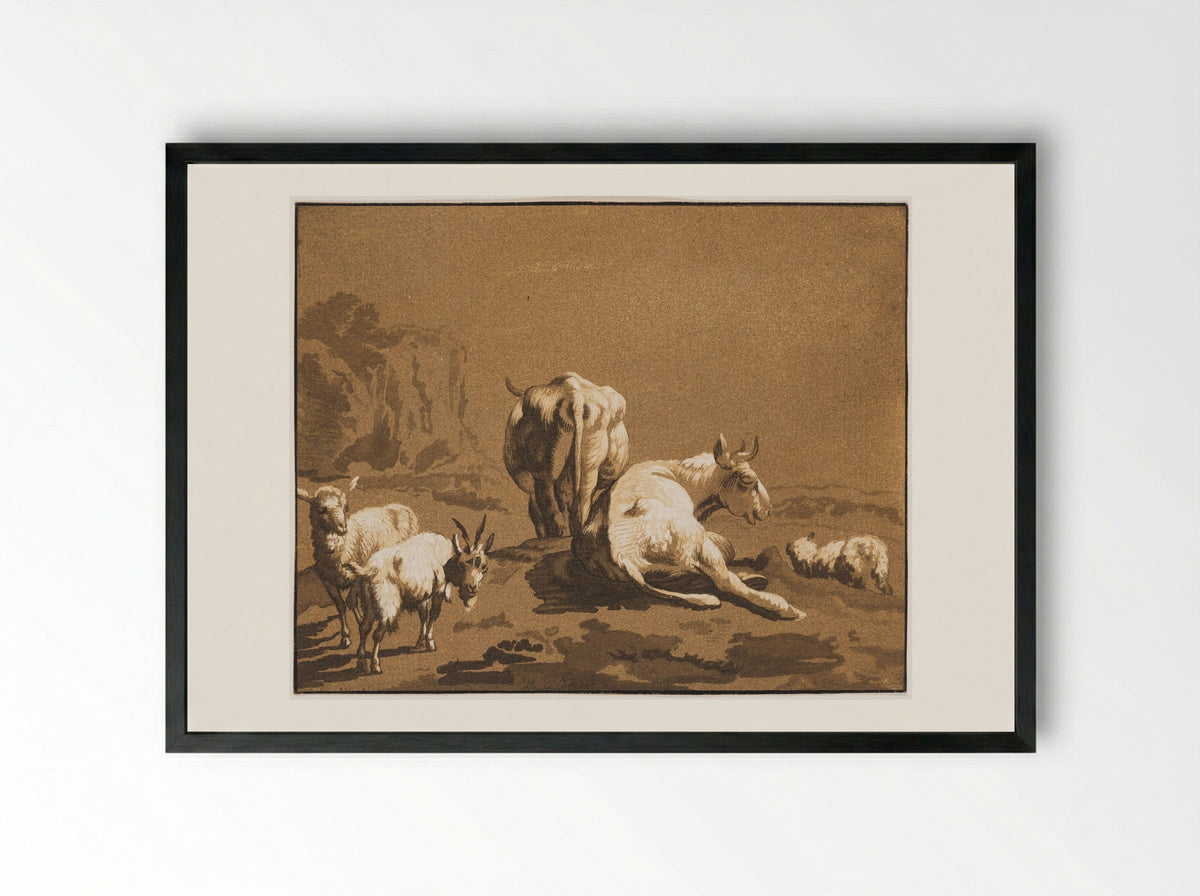 Two Cows, Two Sheep, and a Goat - Maria Catharina Prestel - Framed Print Black