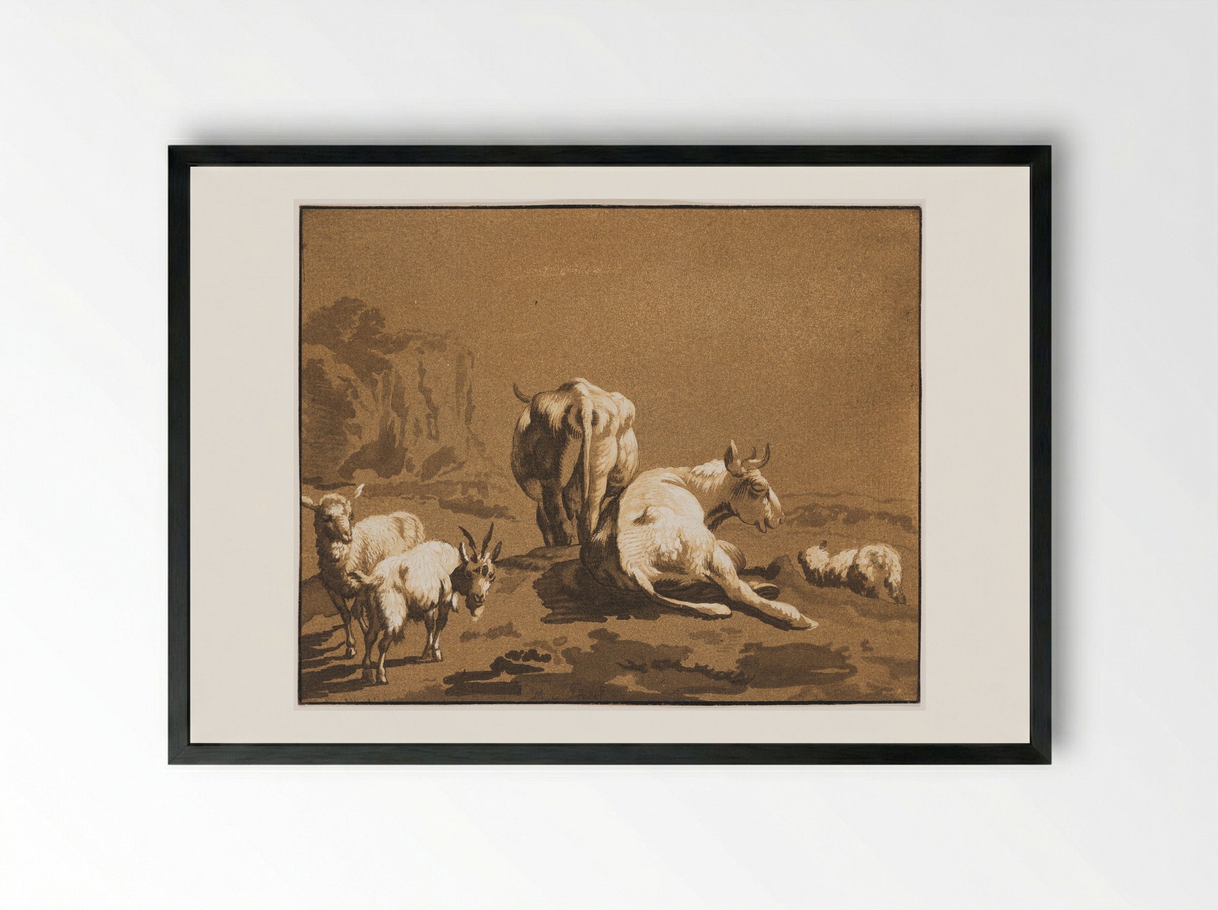 Two Cows, Two Sheep, and a Goat - Maria Catharina Prestel - Framed Print Black