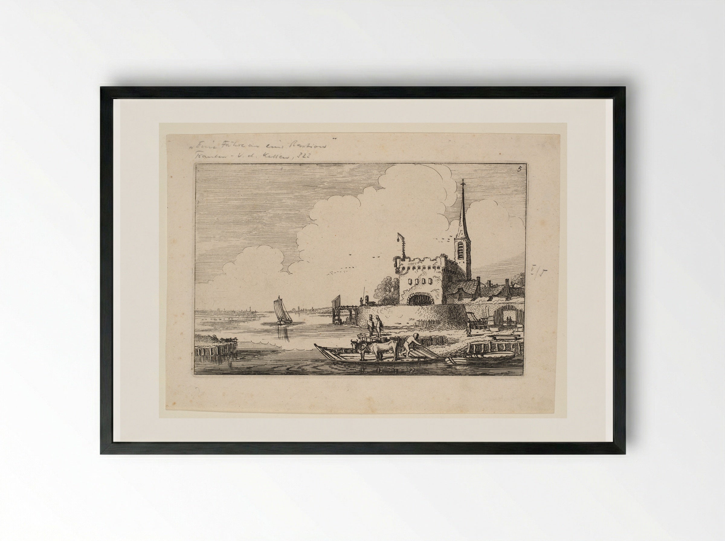 Two Cows on a Ferry near a Bastion - Jan van de Velde II - Framed Print Black