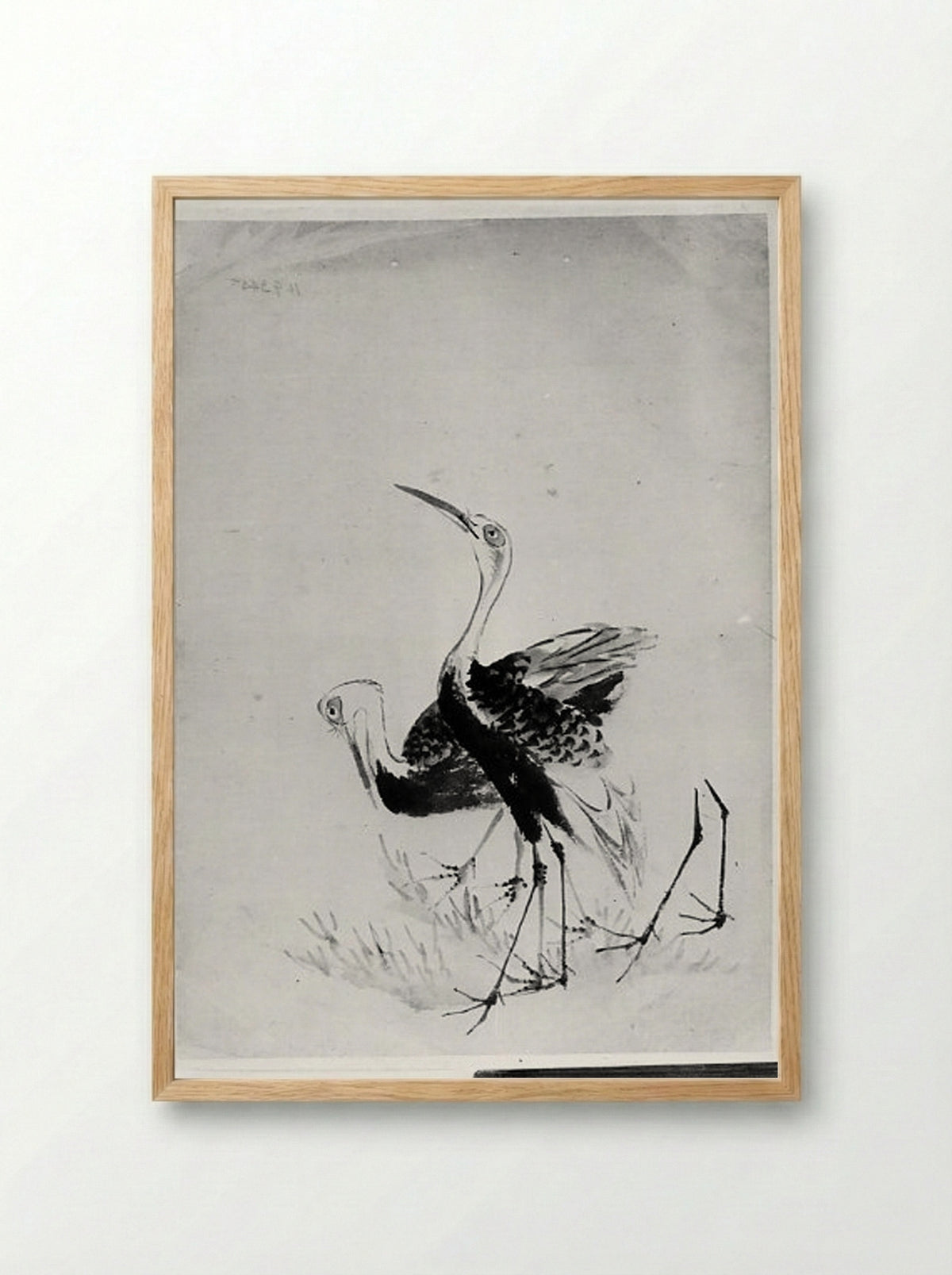 Two Cranes (Ink Wash Drawing) - Hokusai School - Framed Print Wood