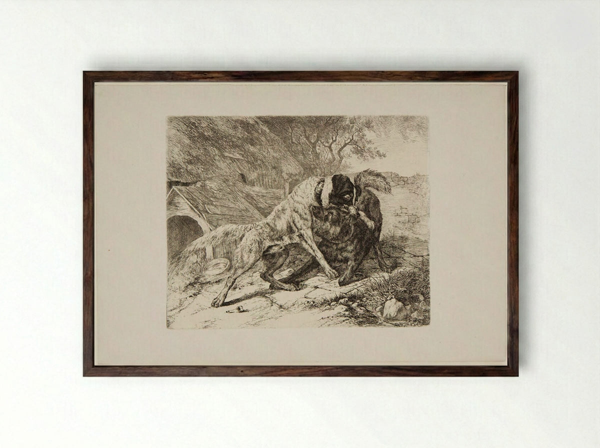 Two Dogs Fighting - Friedrich Anton Wolff - Framed Print Dark Wood