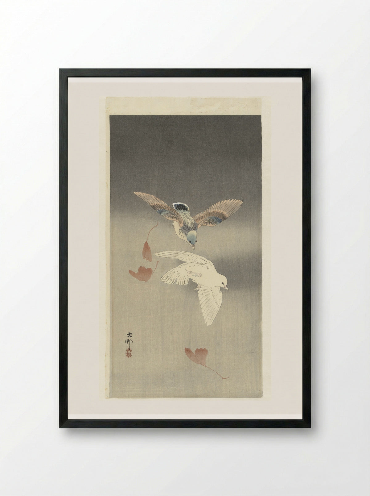 Two Doves with Falling Ginkgo Leaves - Matsuki Heikichi - Framed Print Black