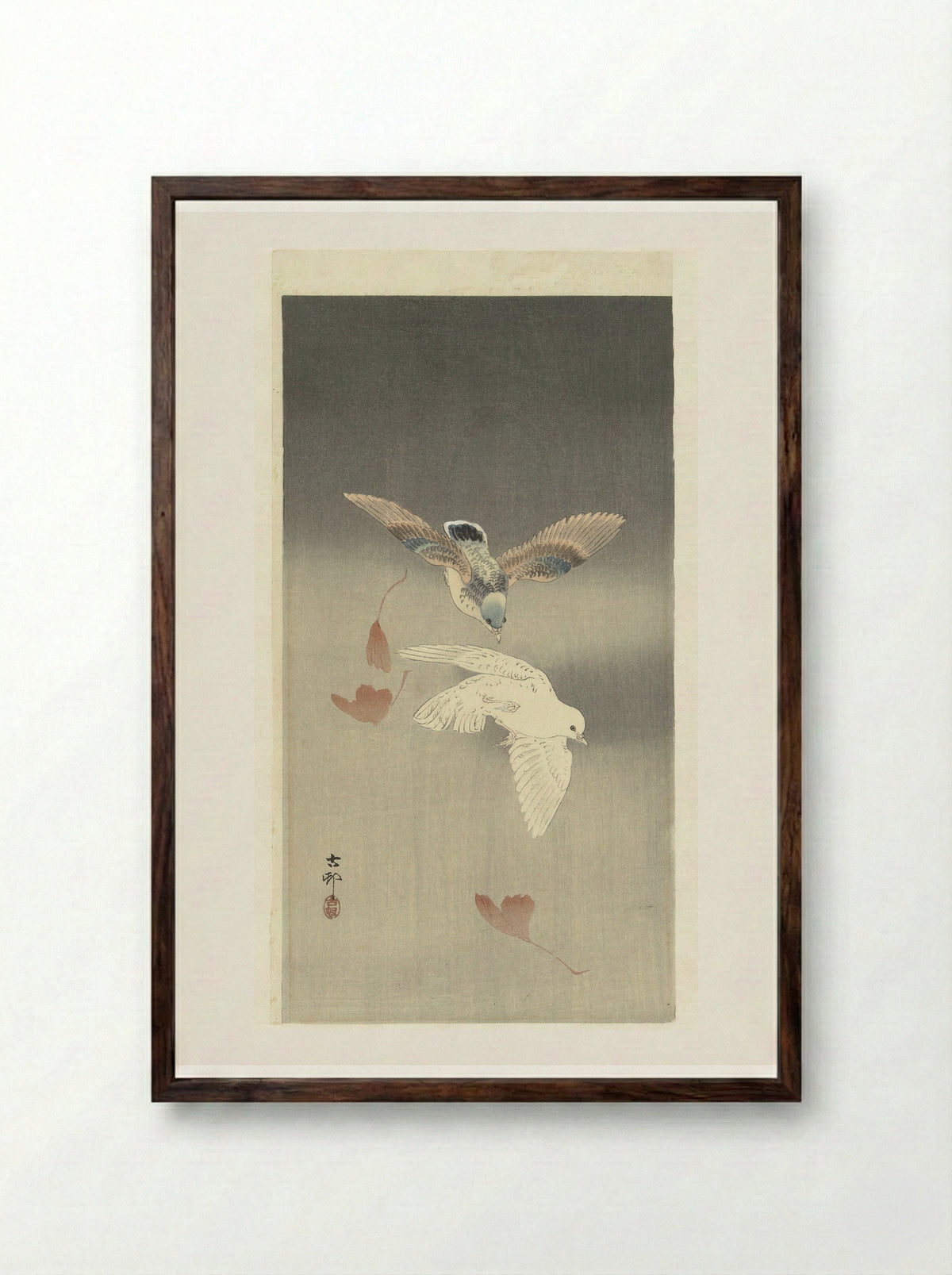 Two Doves with Falling Ginkgo Leaves - Matsuki Heikichi - Framed Print Dark Wood