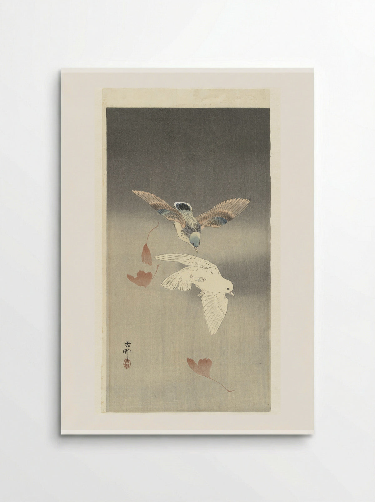 Two Doves with Falling Ginkgo Leaves - Matsuki Heikichi - Poster