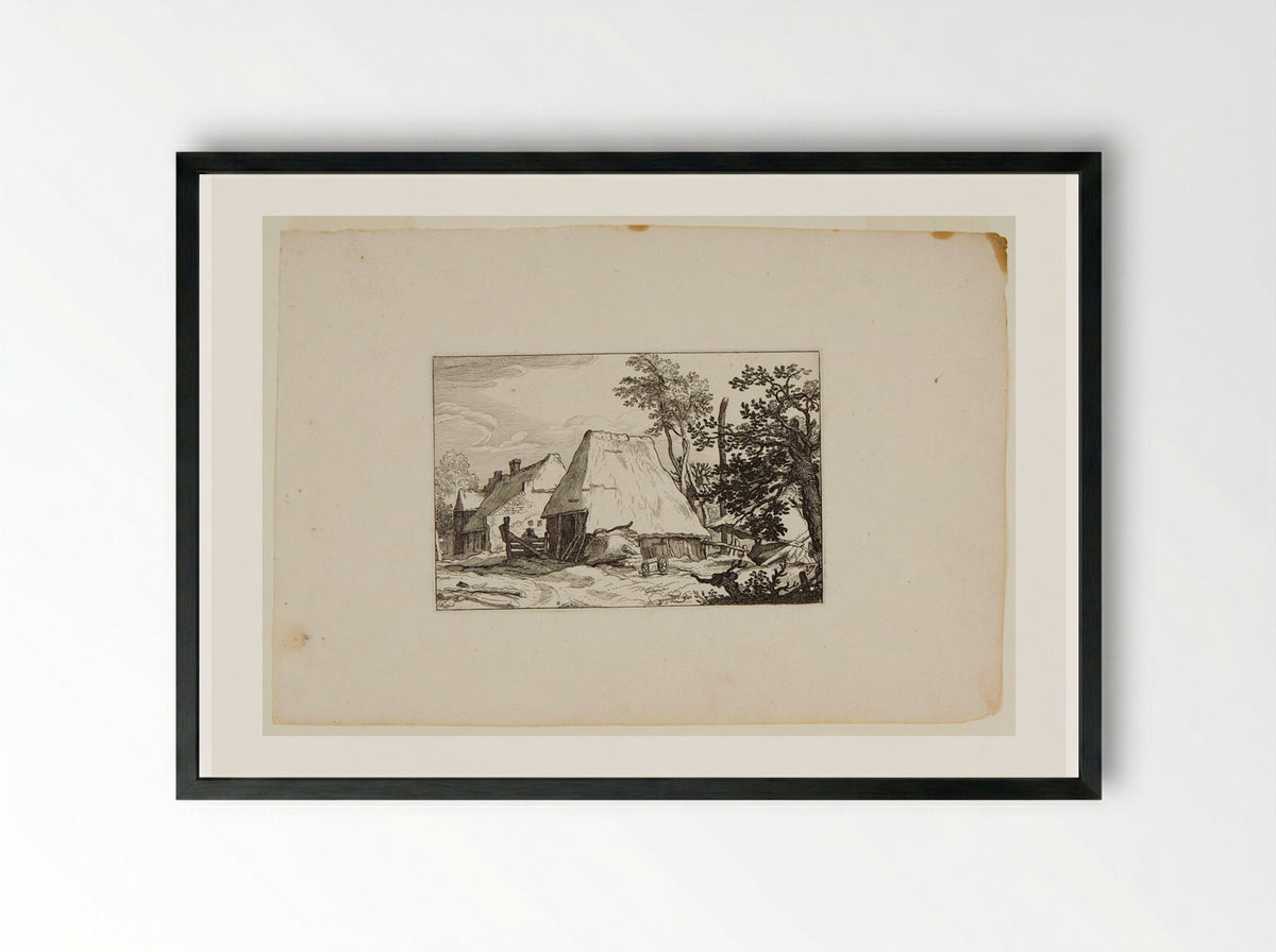 Two Farm Buildings with a Tree in Right Foreground - Claes Jansz. Visscher - Framed Print Black