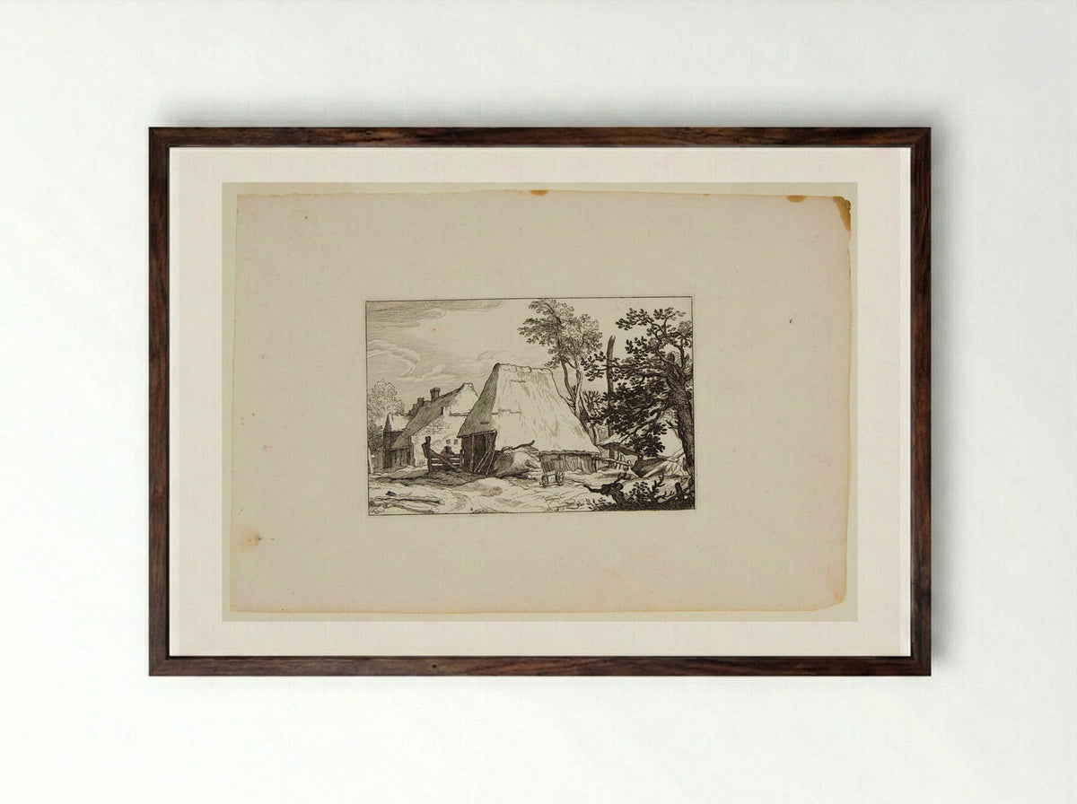 Two Farm Buildings with a Tree in Right Foreground - Claes Jansz. Visscher - Framed Print Dark Wood