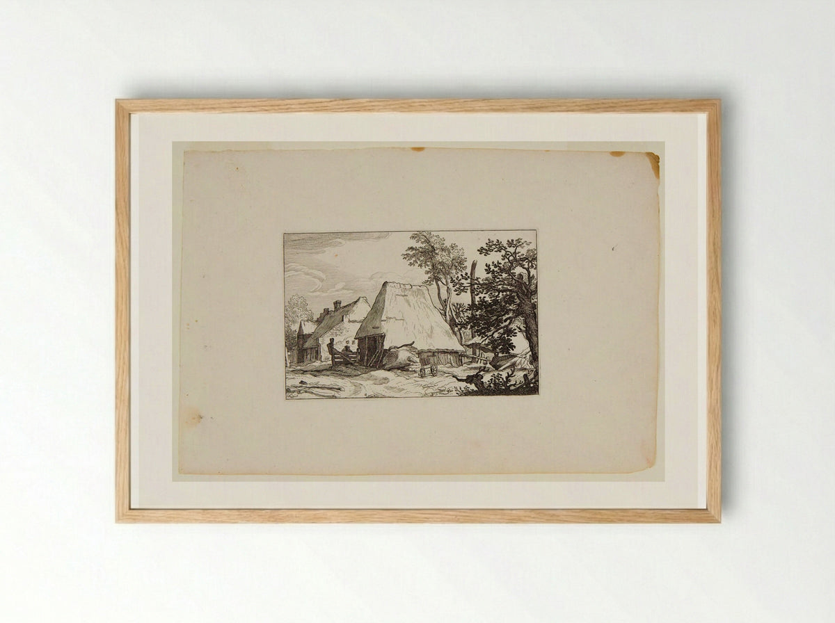 Two Farm Buildings with a Tree in Right Foreground - Claes Jansz. Visscher - Framed Print Wood