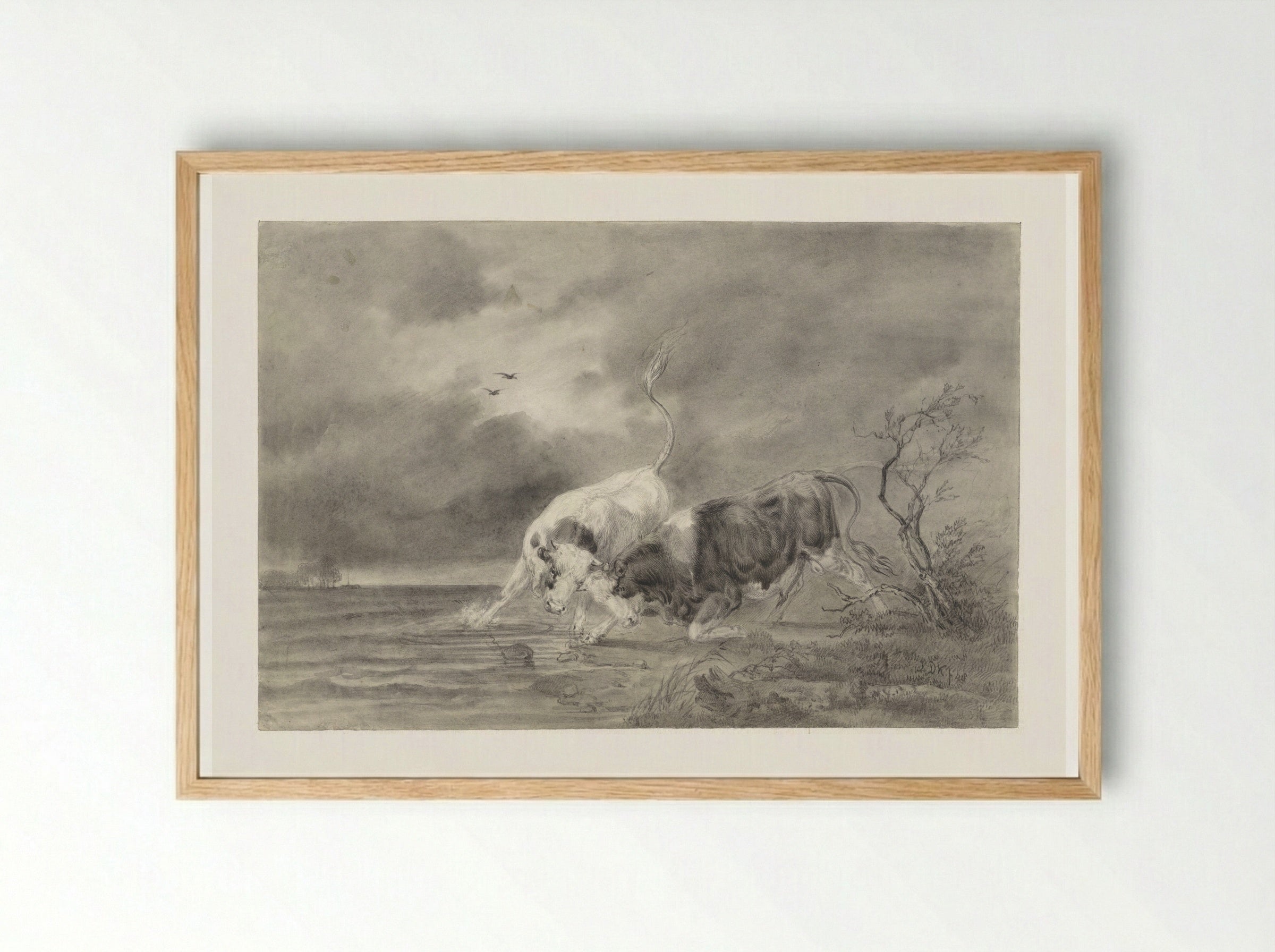Two Fighting Bulls in a River Landscape - Johan Daniël Koelman - Framed Print Wood