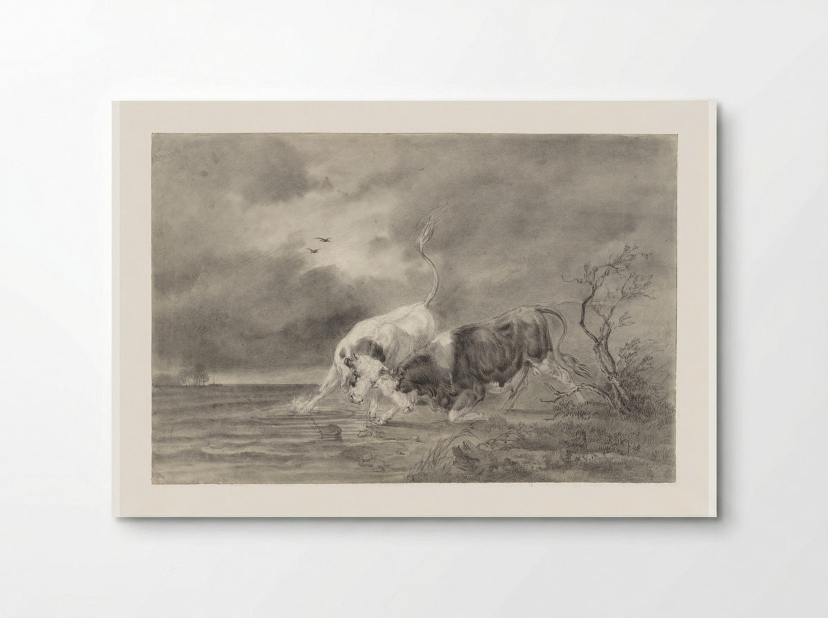 Two Fighting Bulls in a River Landscape - Johan Daniël Koelman - Poster