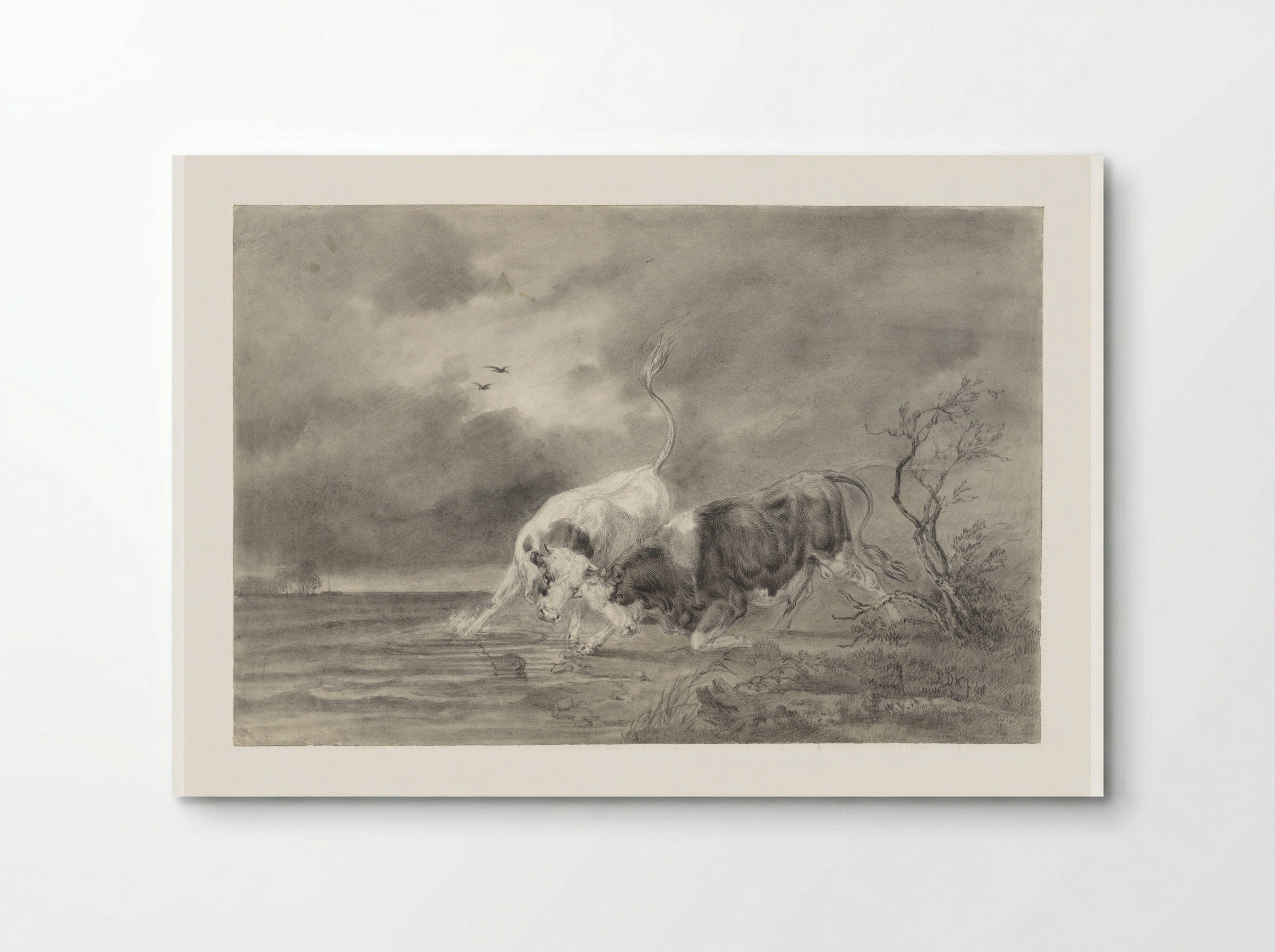 Two Fighting Bulls in a River Landscape - Johan Daniël Koelman - Poster