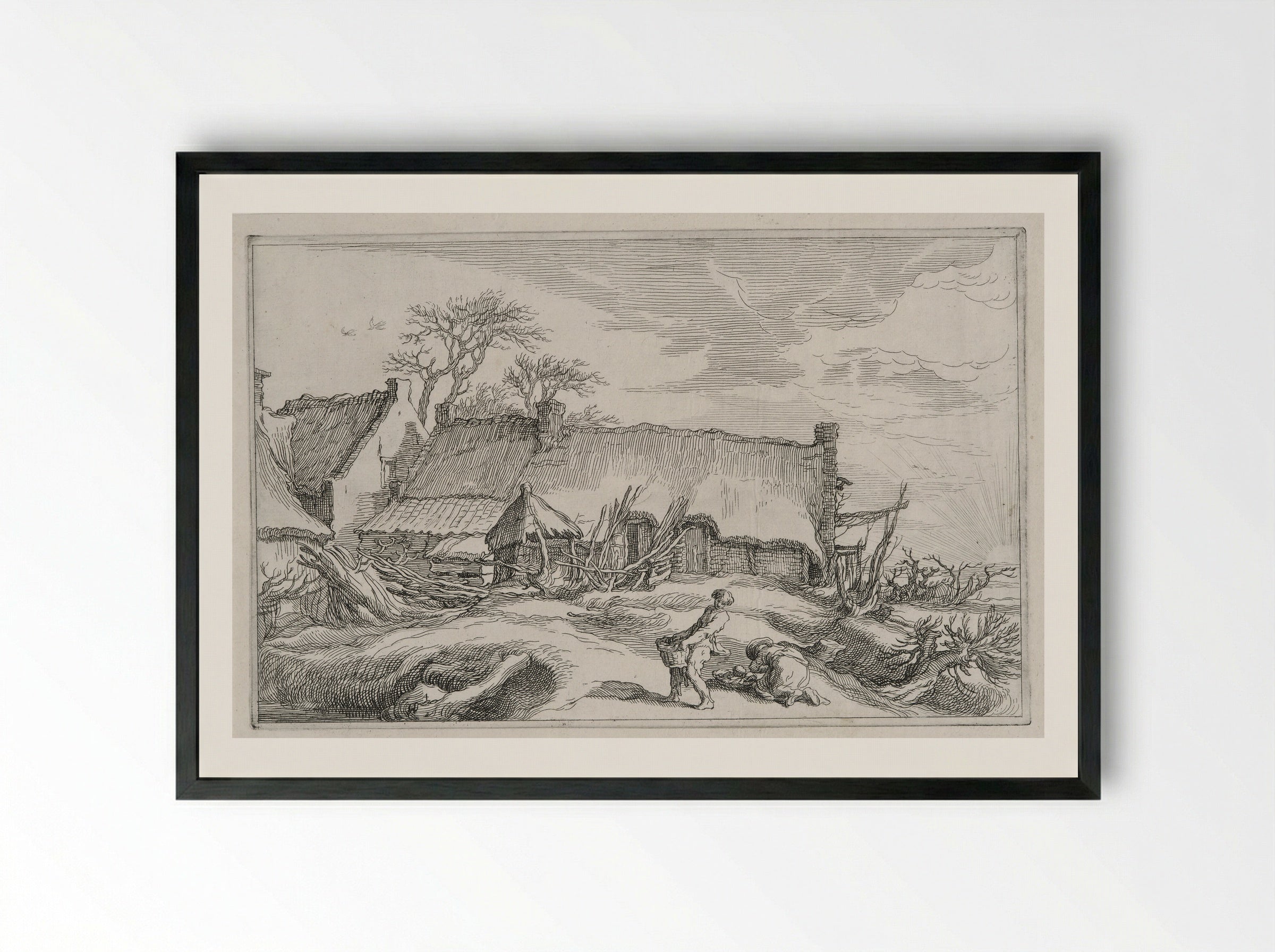 Two Figures Gathering Rocks before a Farmhouse - Boetius Adamsz. Bolswert - Framed Print Black