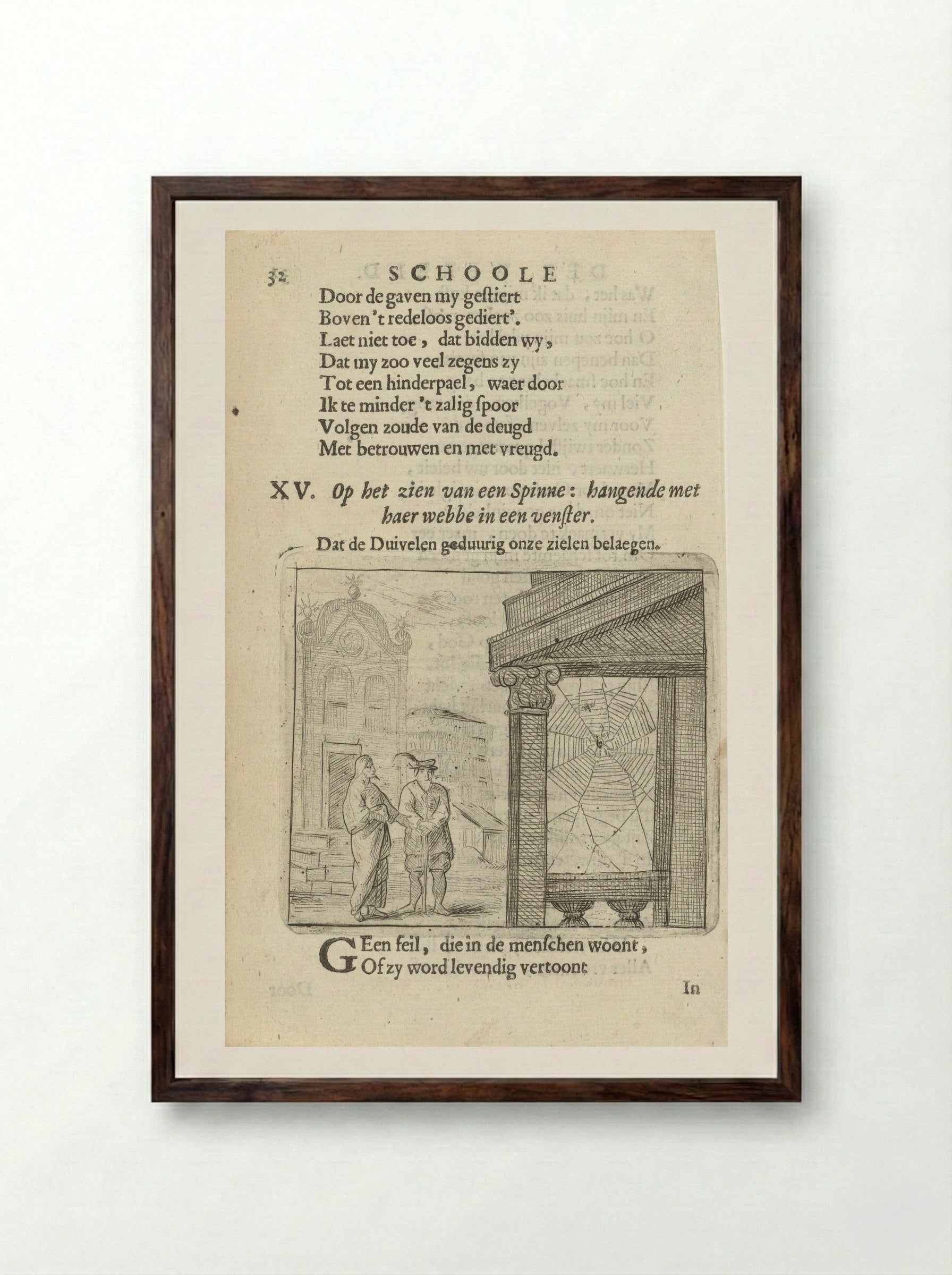 Two Figures Observing a Spiderweb - Arnold Houbraken - Framed Print Dark Wood