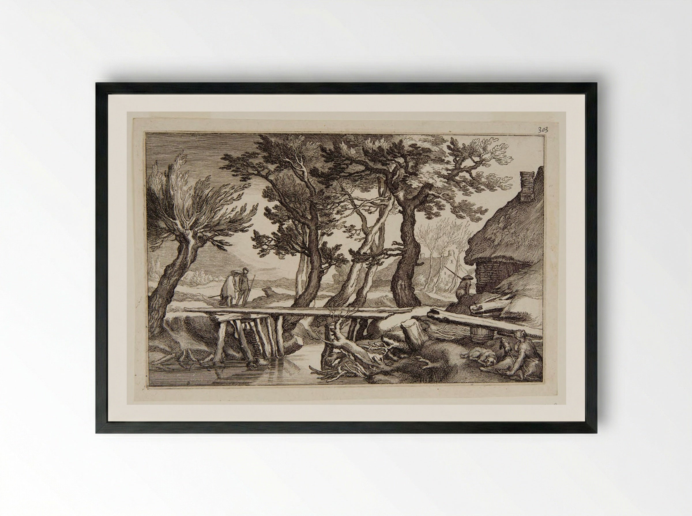 Two Figures about to Cross a Bridge - Boetius Adamsz. Bolswert - Framed Print Black
