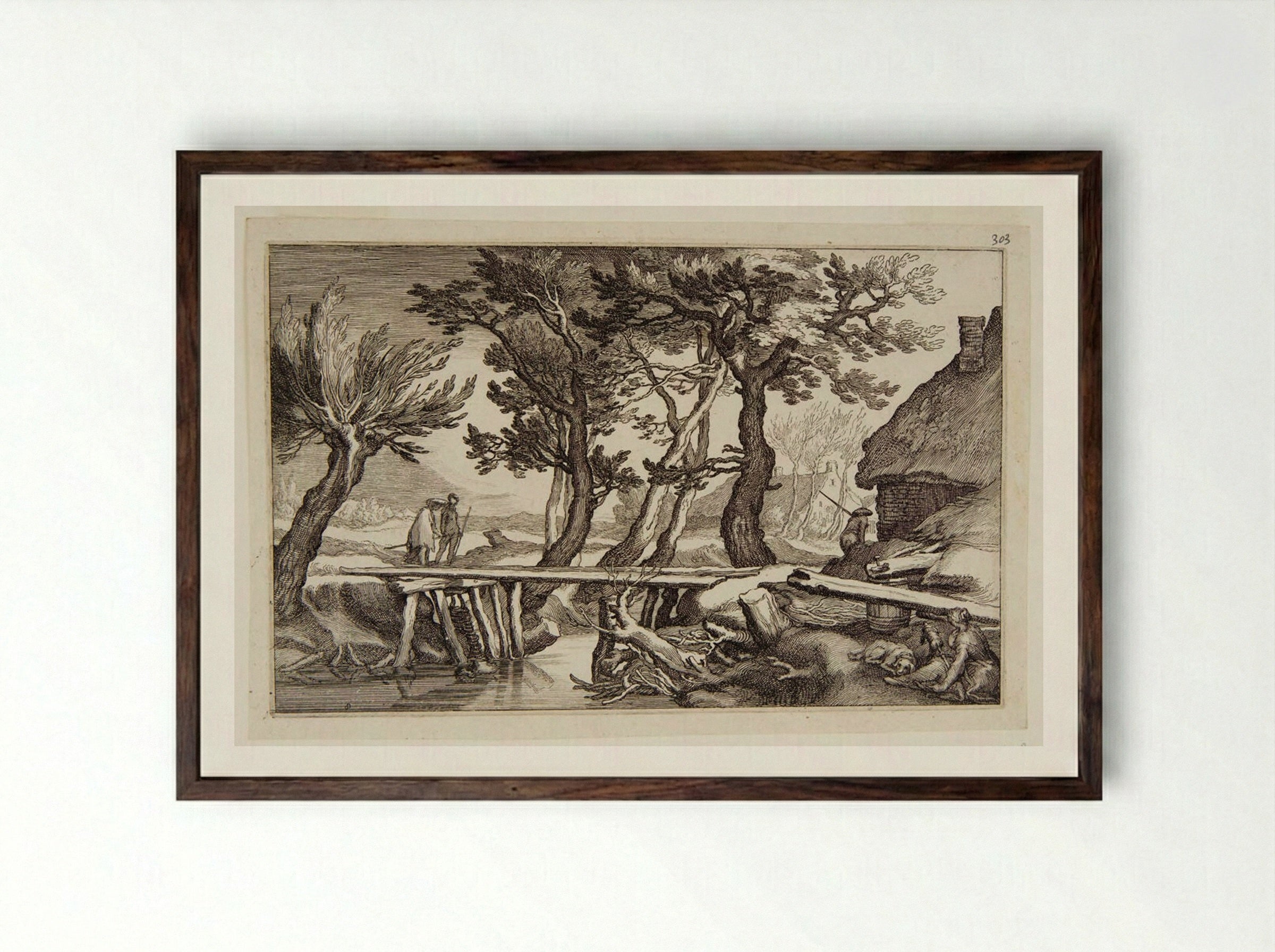 Two Figures about to Cross a Bridge - Boetius Adamsz. Bolswert - Framed Print Dark Wood