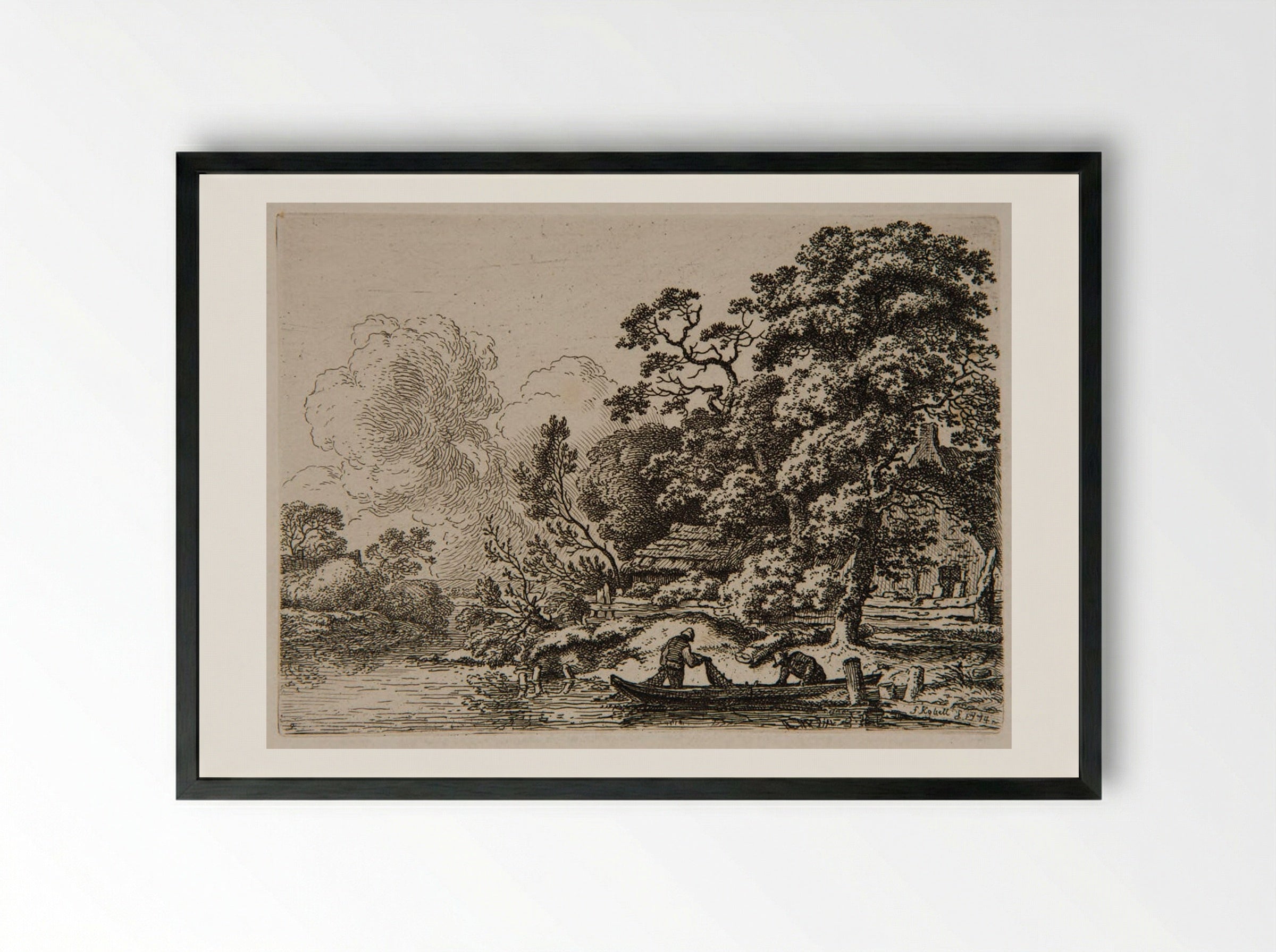Two Fishermen with a Net - Ferdinand Kobell - Framed Print Black