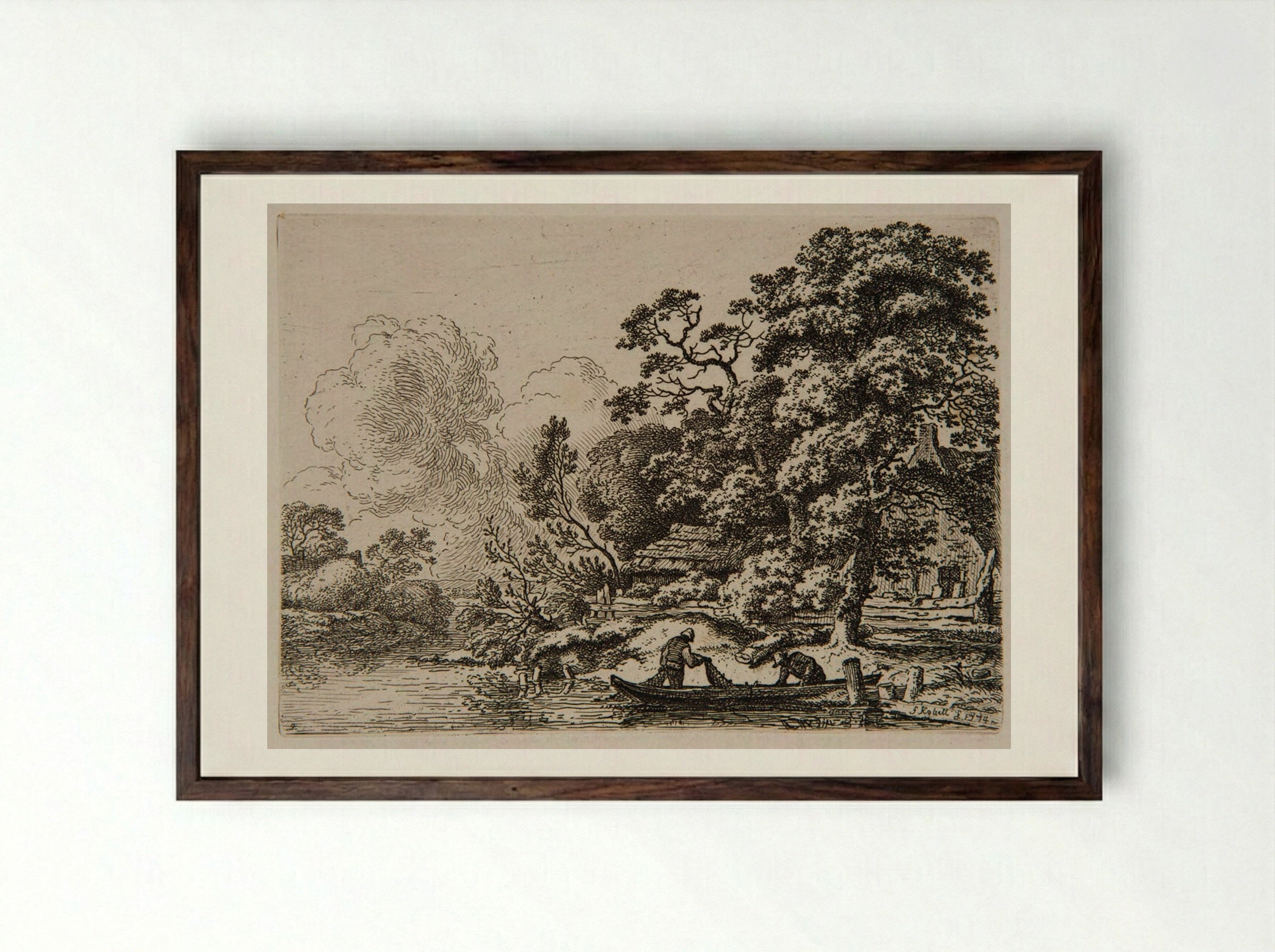Two Fishermen with a Net - Ferdinand Kobell - Framed Print Dark Wood