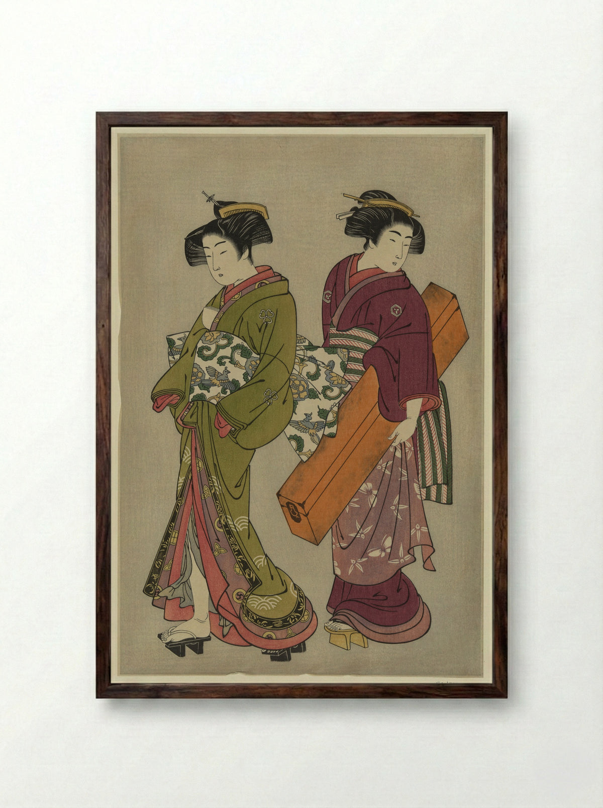 Two Geisha Holding a Shamisen and a Song Book - Kitao Shigemasa - Framed Print Dark Wood