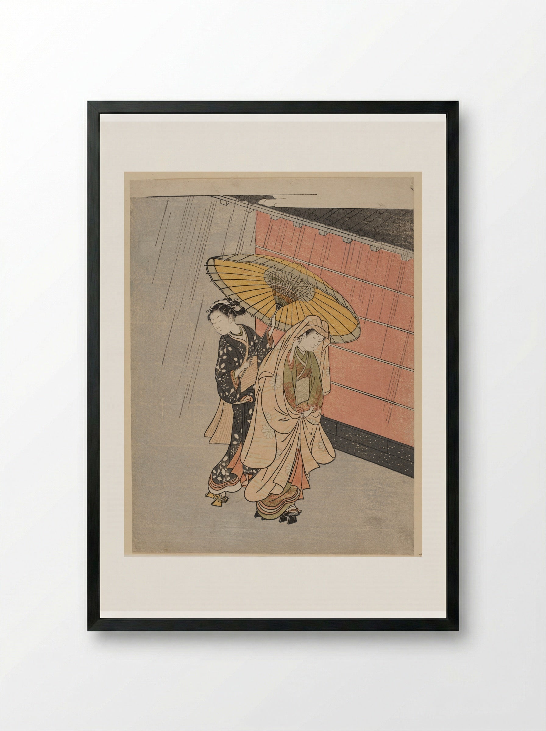 Two Girls in the Rain - Suzuki Harunobu - Framed Print Black
