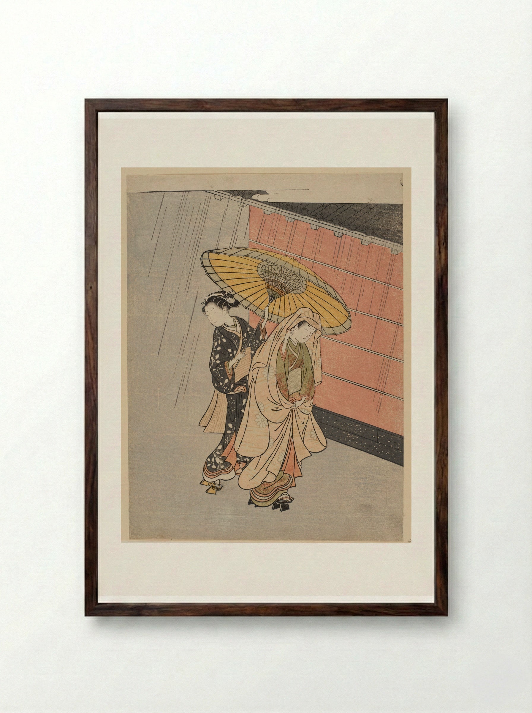 Two Girls in the Rain - Suzuki Harunobu - Framed Print Dark Wood