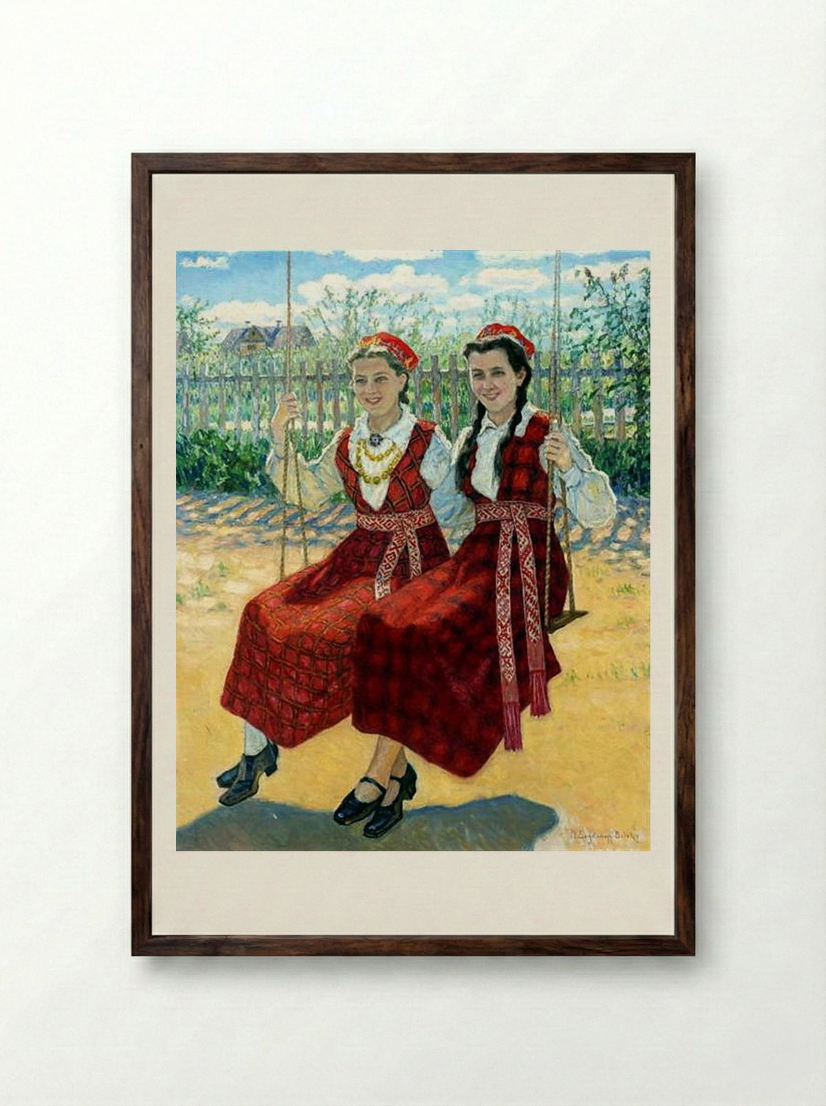 Two Girls on a Swing - Nikolay Bogdanov-Belsky - Framed Print Dark Wood