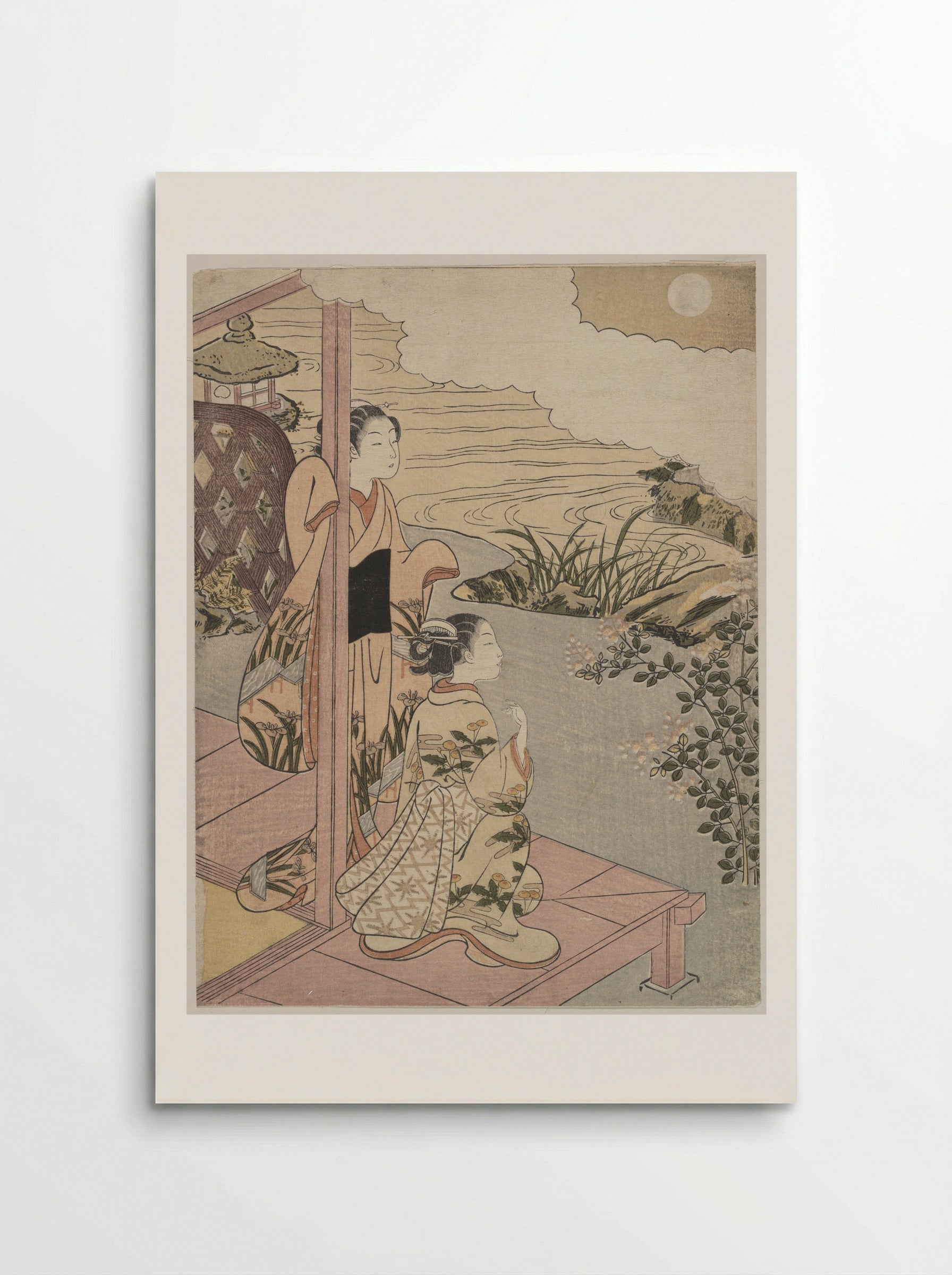 Two Girls on a Veranda beside a Stream with the Moon - Suzuki Harunobu - Poster