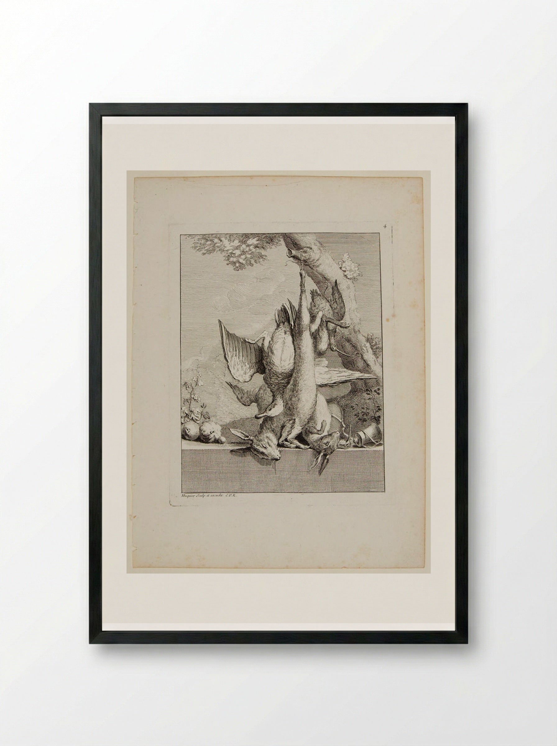 Two Hares, a Duck, and Pomegranates - Gabriel Huquier - Framed Print Black