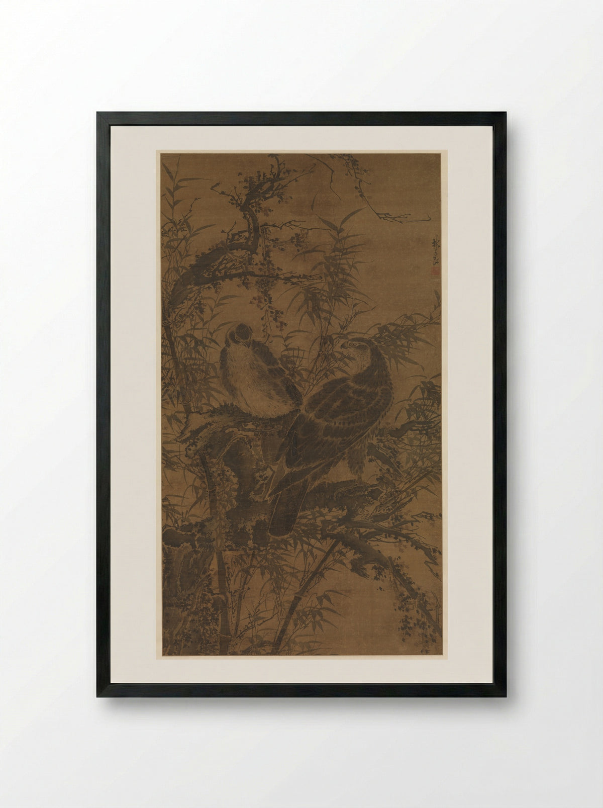 Two Hawks in a Thicket - Lin Liang - Framed Print Black