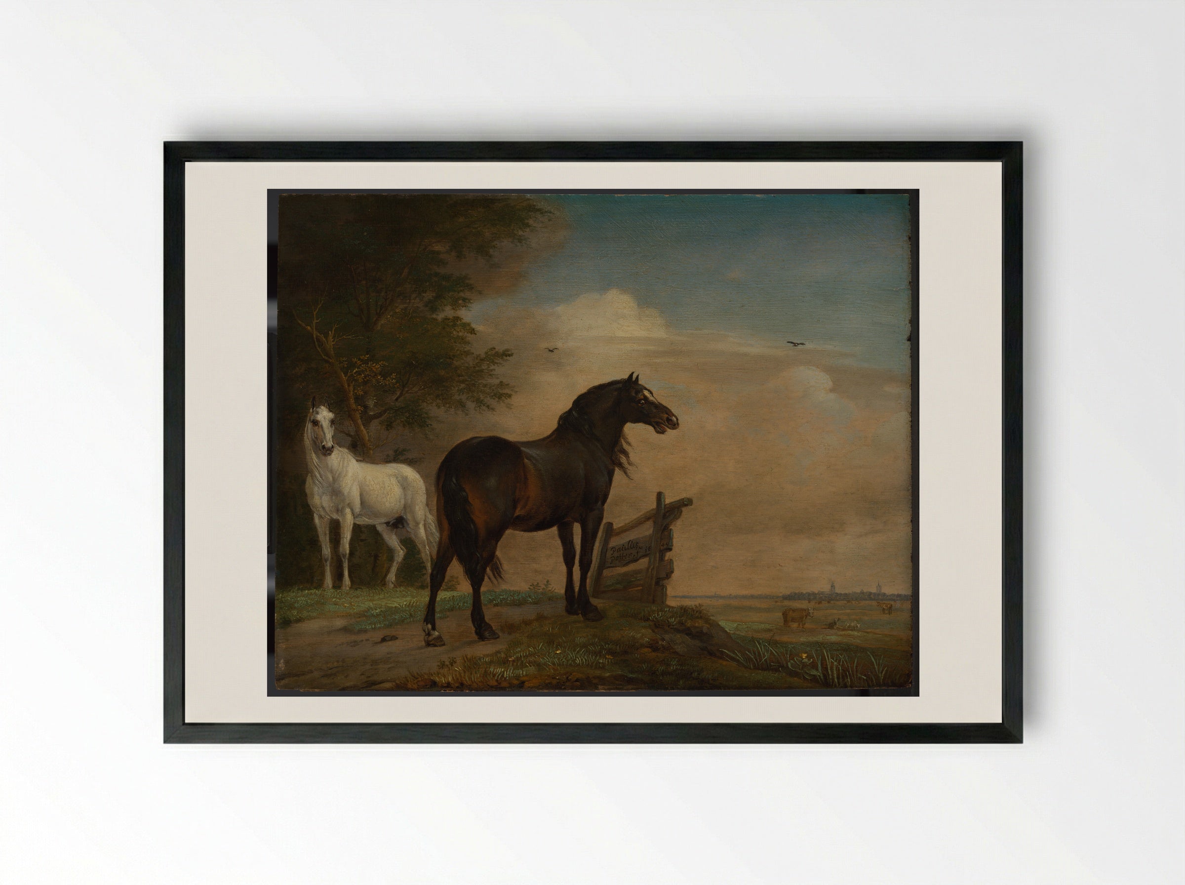 Two Horses in a Meadow near a Gate - Paulus Potter - Framed Print Black